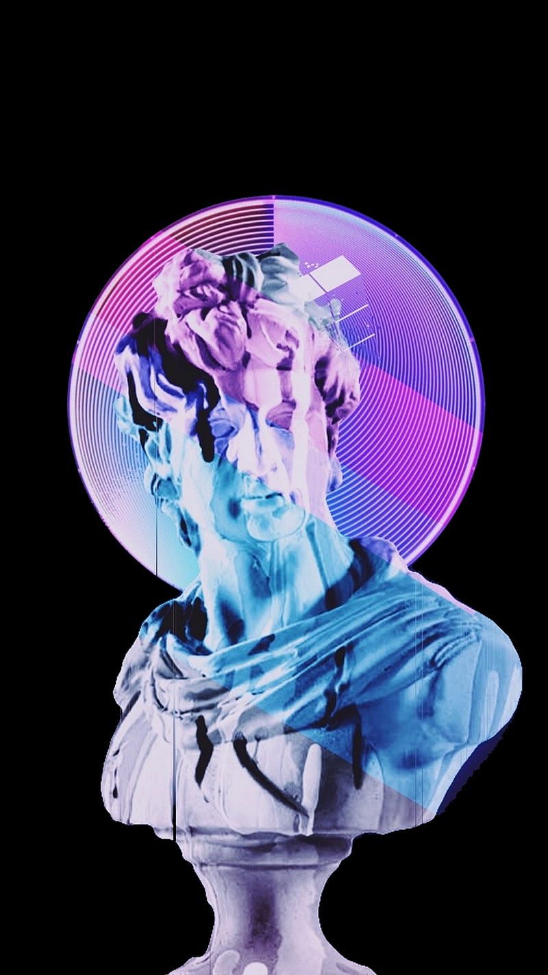 The image features a statue of a bust, which is adorned with colorful graphics, giving it a digital and futuristic appearance. The statue, which appears to be a sculpture of a man's head, is displayed in the center of the image, with various inanimate objects like pots and pans scattered throughout the scene. The overall black background creates a dramatic contrast with  - Dark vaporwave