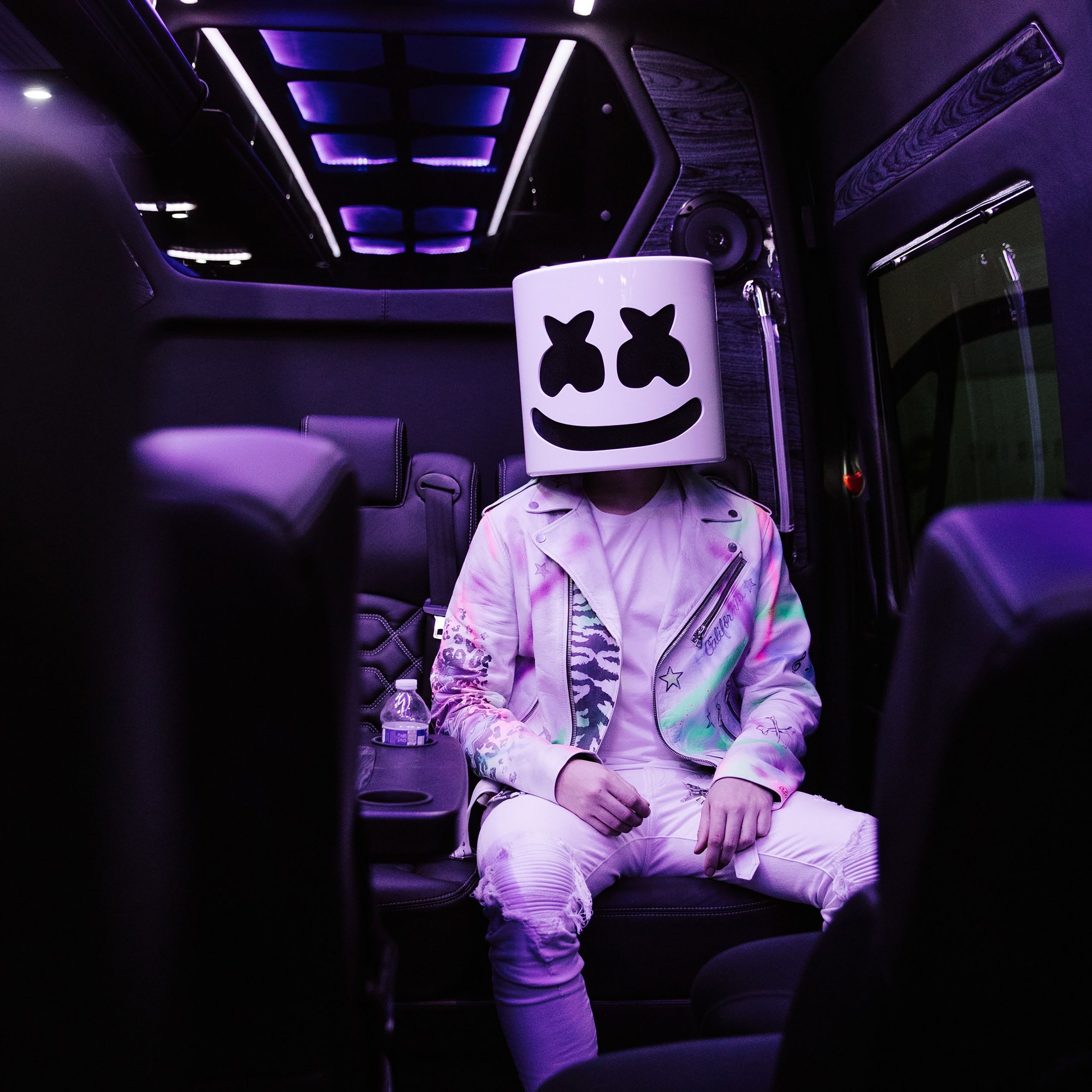 A person sitting in the back of an automobile - Marshmello