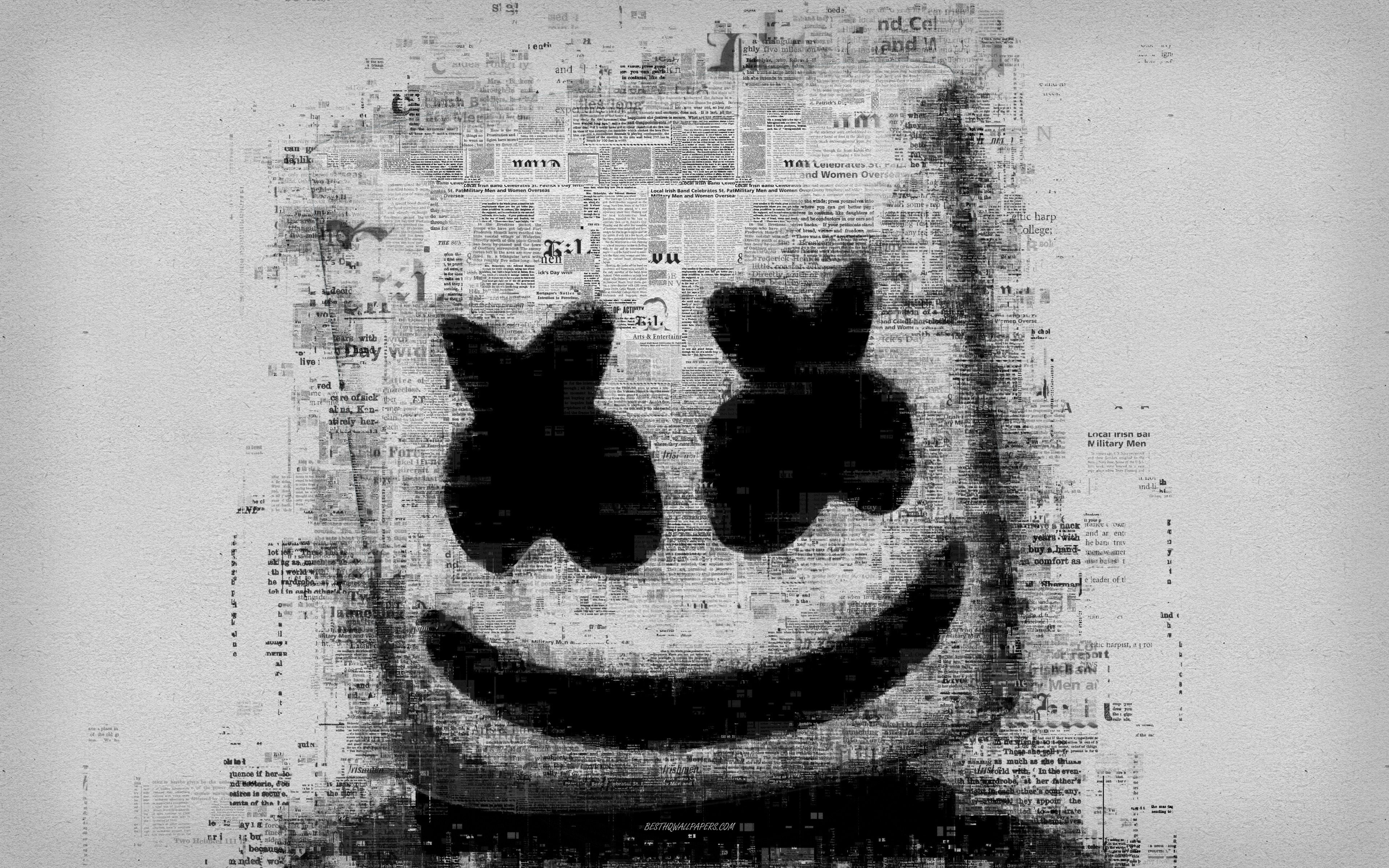 Download wallpaper DJ Marshmello, 4k, creative art portrait, newspaper art, Christopher Comstock, portrait of letters, American DJ, poster, EDM, dubstep for desktop with resolution 3840x2400. High Quality HD picture wallpaper