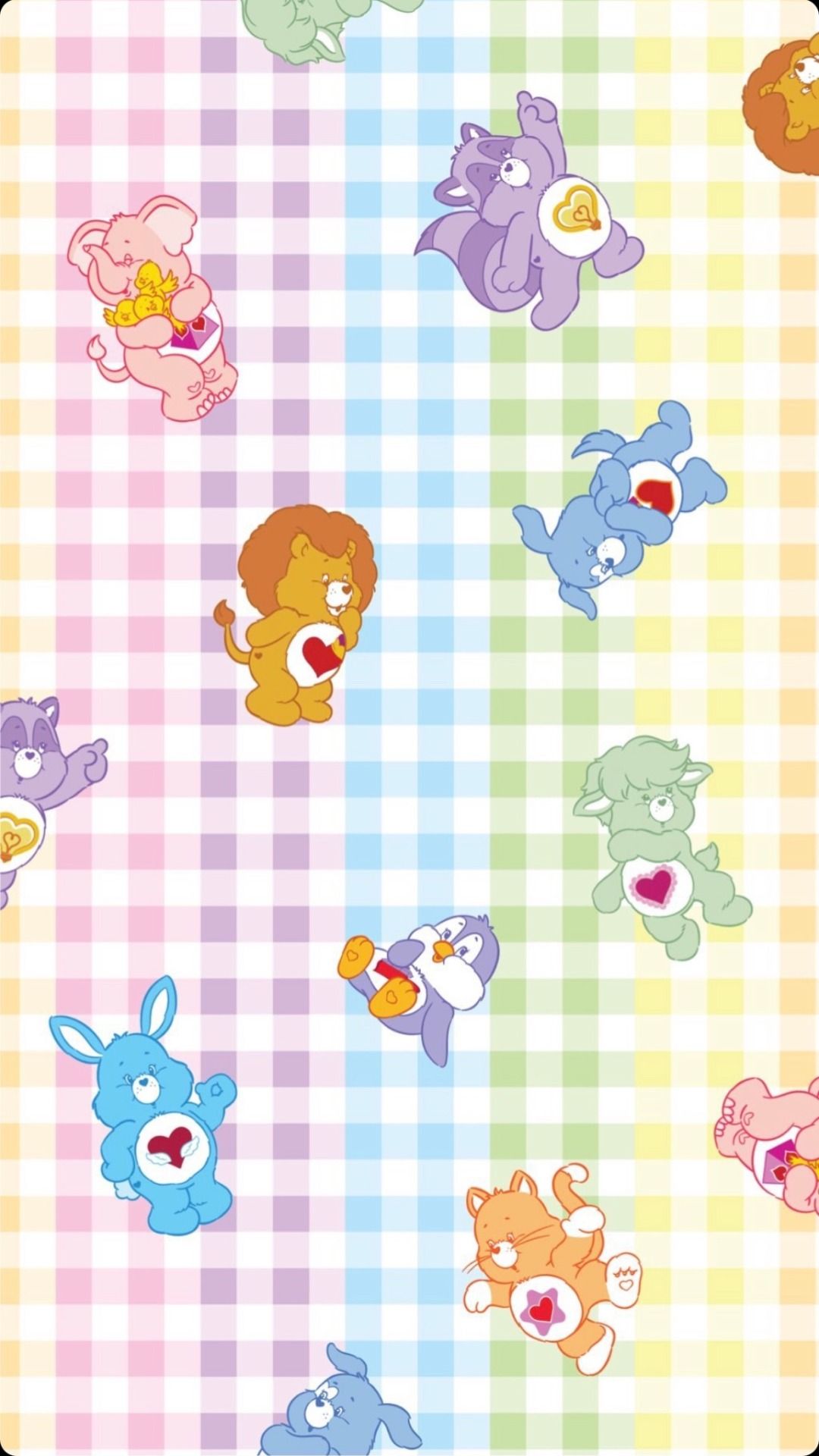 A pattern of bears and other animals on checkered fabric - Care Bears