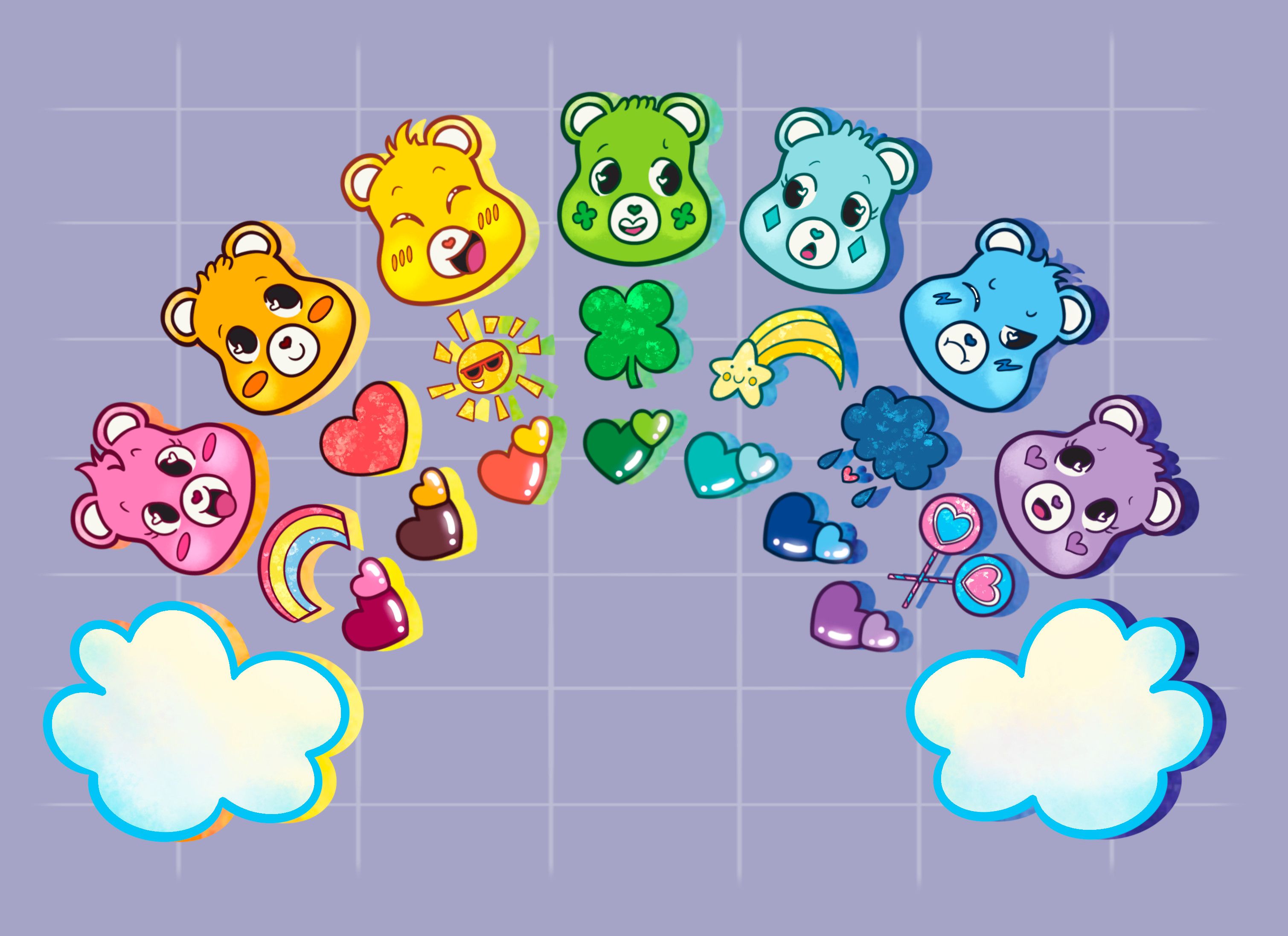 Care bears and friends with clouds - Care Bears, rainbows