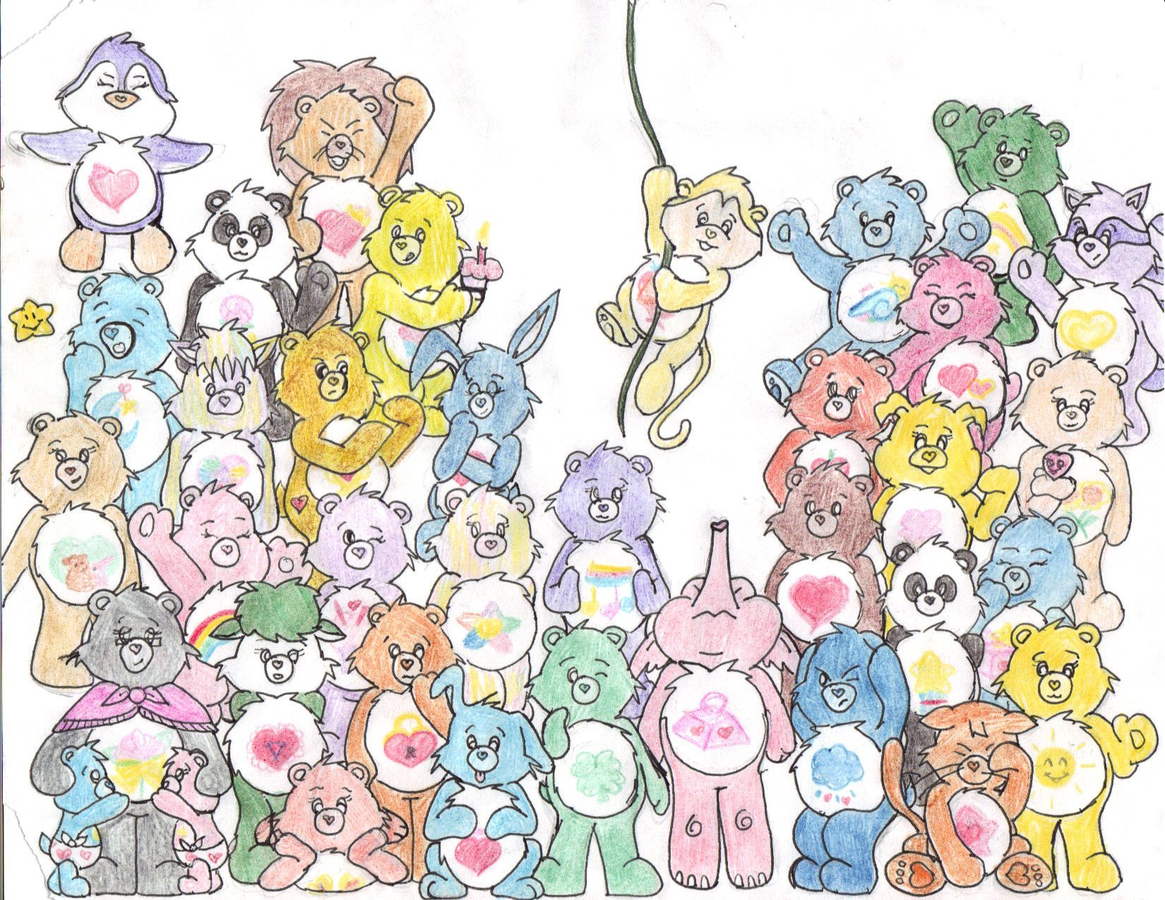 A drawing of many teddy bears in the shape - Care Bears