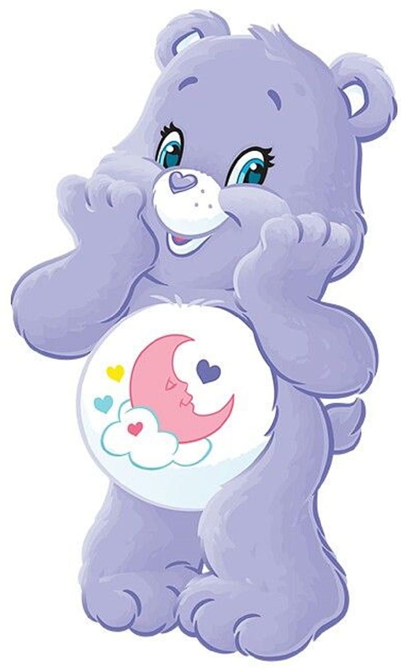 A purple teddy bear holding a round white pillow with a pink crescent moon on it. - Care Bears