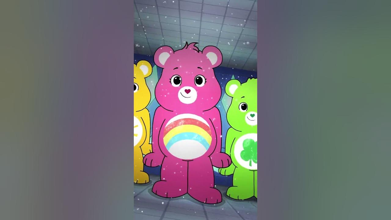 Three care bears standing in front of a rainbow - Care Bears