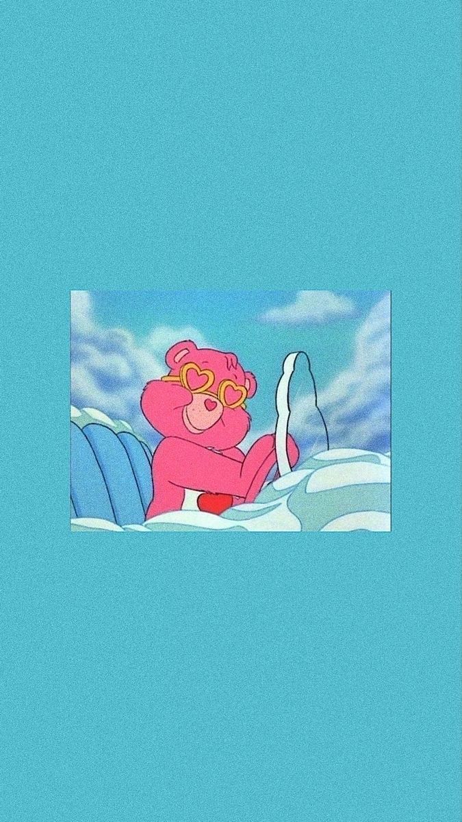 Iphone wallpaper of a pink bear with sunglasses on sitting on clouds - Care Bears