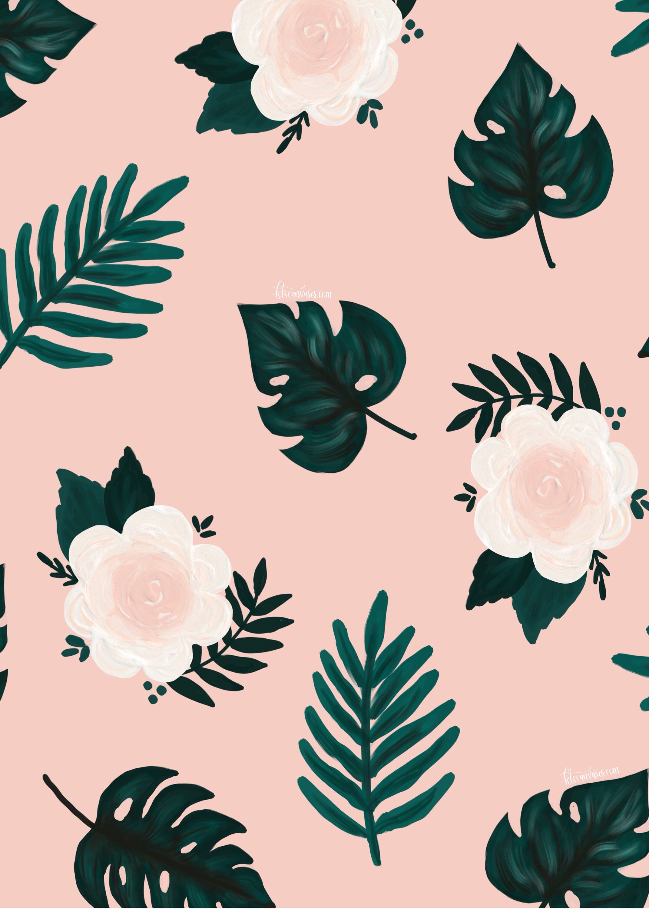 A pattern of flowers and leaves on pink background - Leaves
