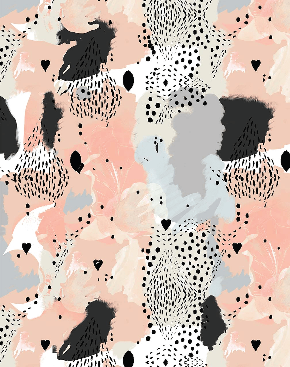 A pattern with abstract shapes and black and white hearts - Leopard