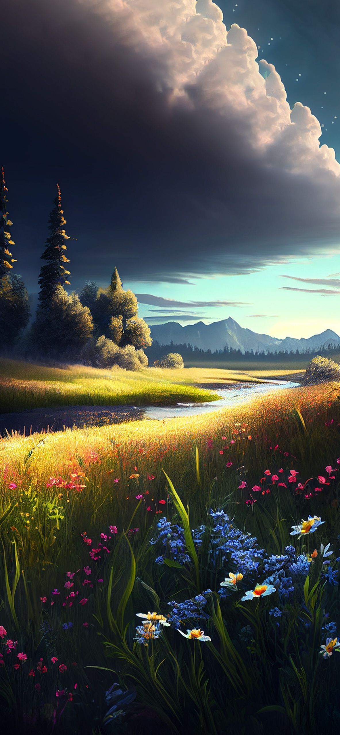 A painting of flowers and trees in the grass - River