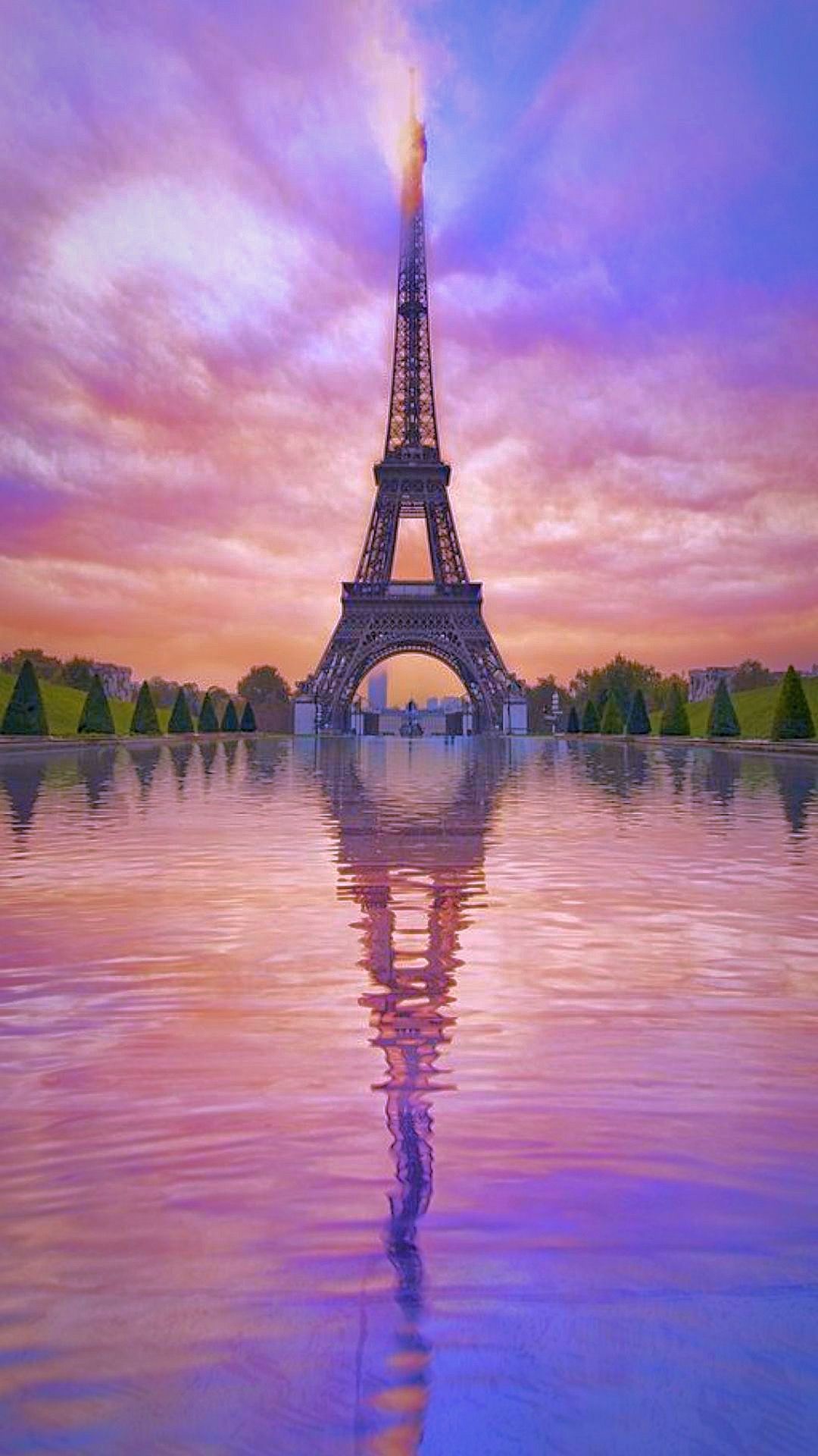 Aesthetic image of the Eiffel Tower in Paris with a purple and pink sunset. - Eiffel Tower, river