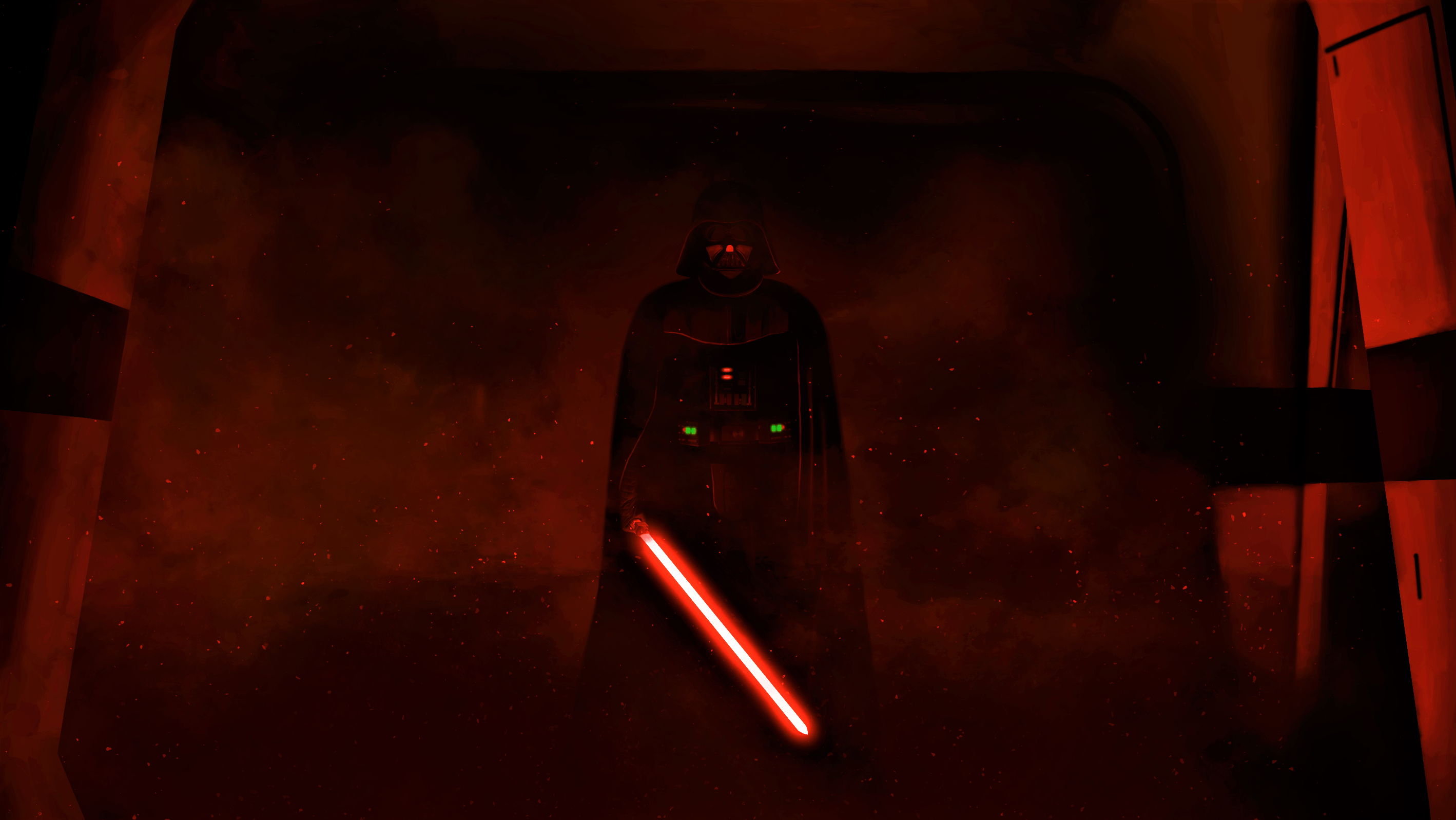 A dark room with the character darth vader - Darth Vader