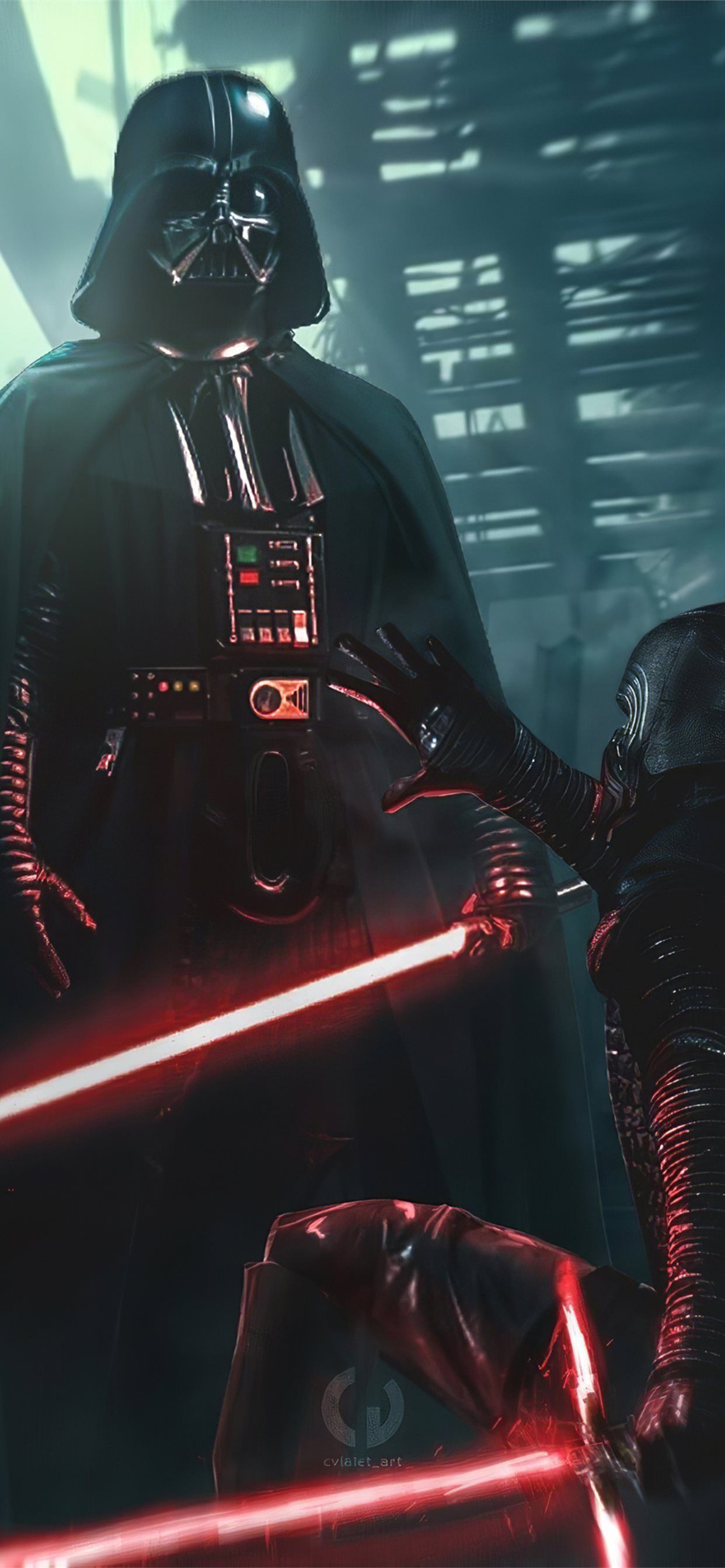 A dark figure with red lightsabers - Darth Vader