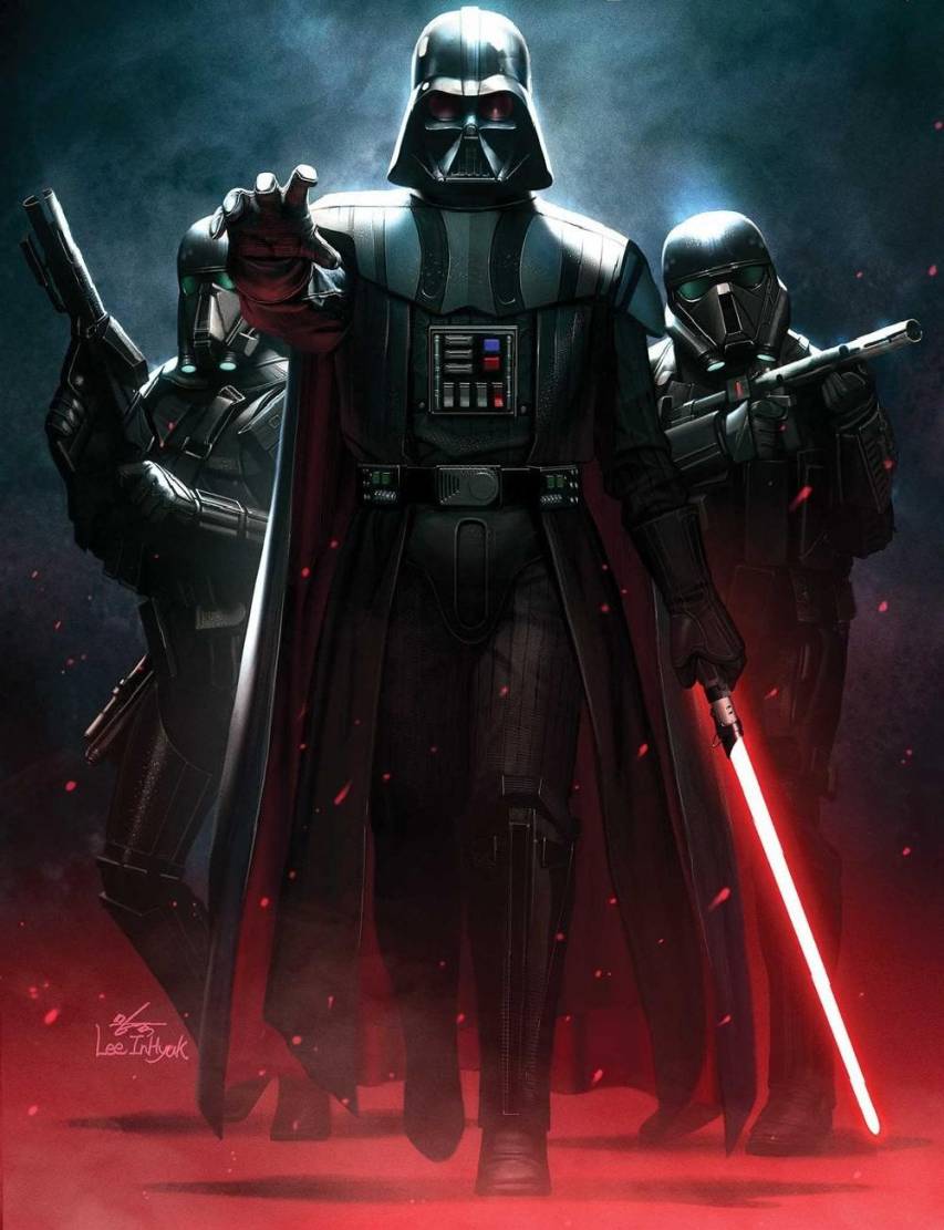 Darth Vader and two stormtroopers with blaster rifles - Darth Vader