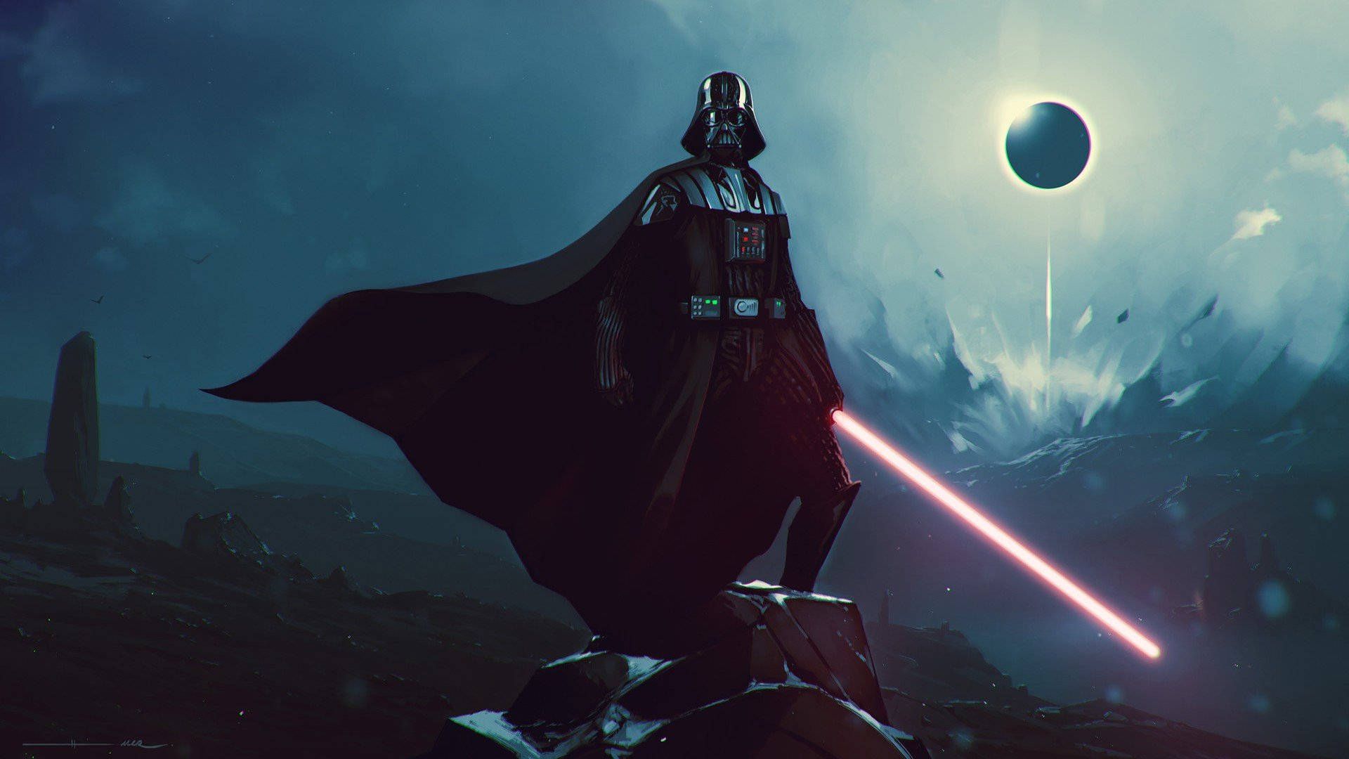 Darth Vader standing on a cliff with a lightsaber in his hand - Darth Vader