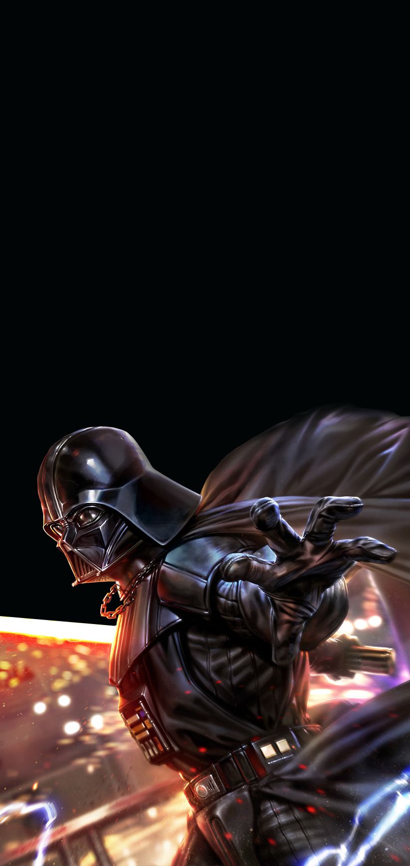 A dark figure with lightning in the background - Darth Vader