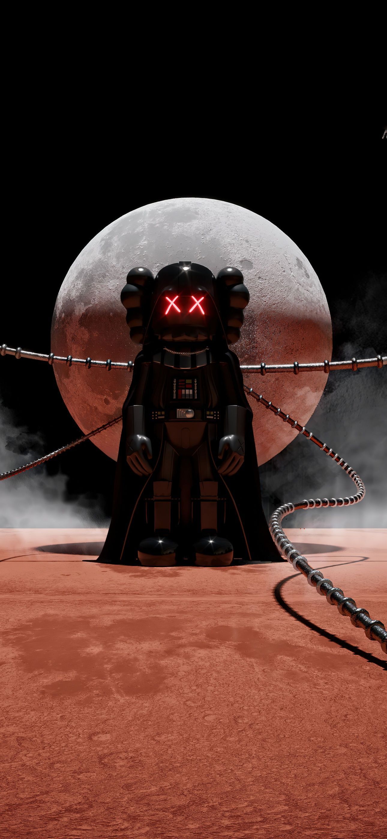 A robot is standing in front of the moon - Darth Vader