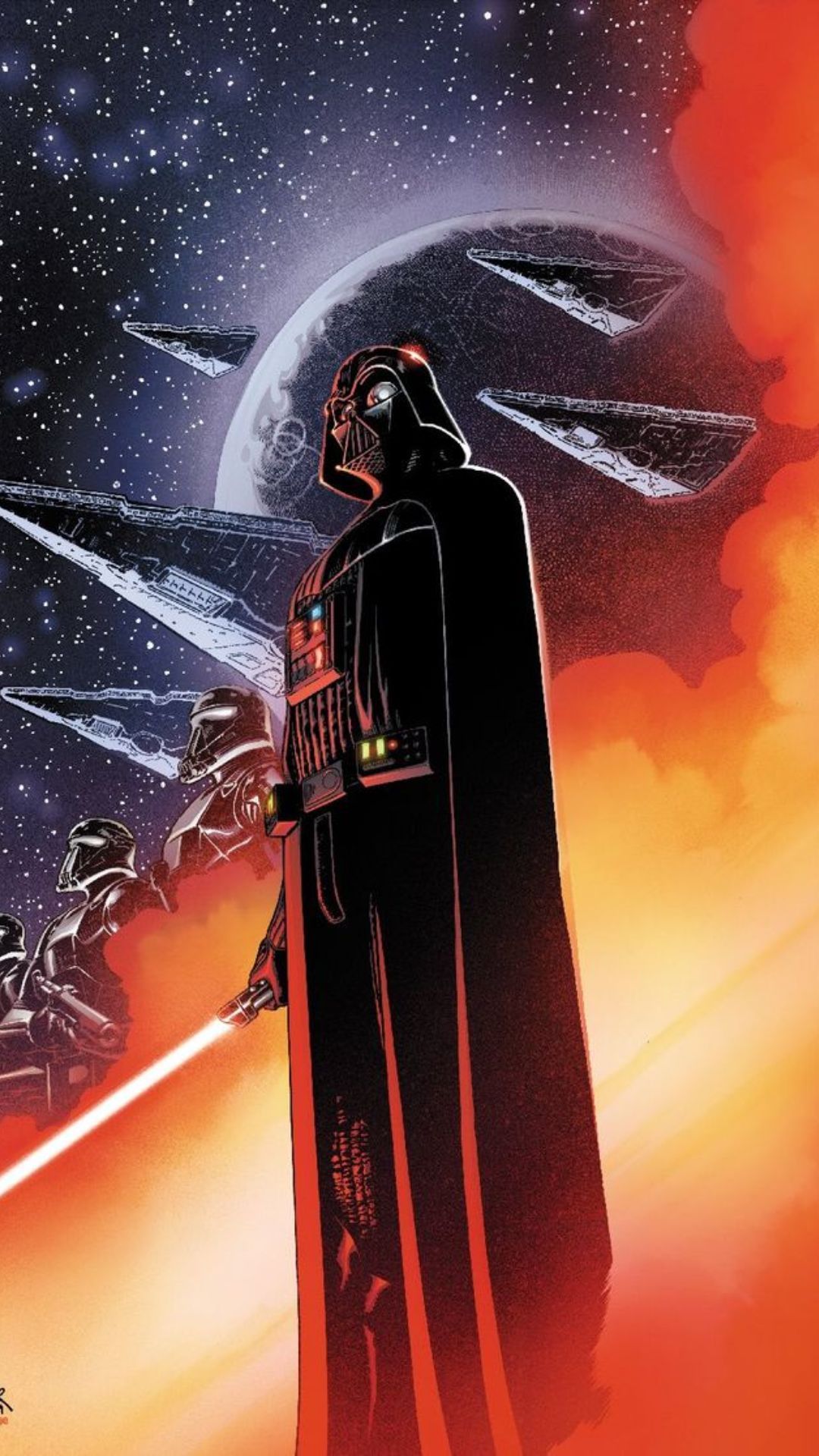 Darth Vader and his lightsabed companions stand in front of the Star Wars poster. - Darth Vader