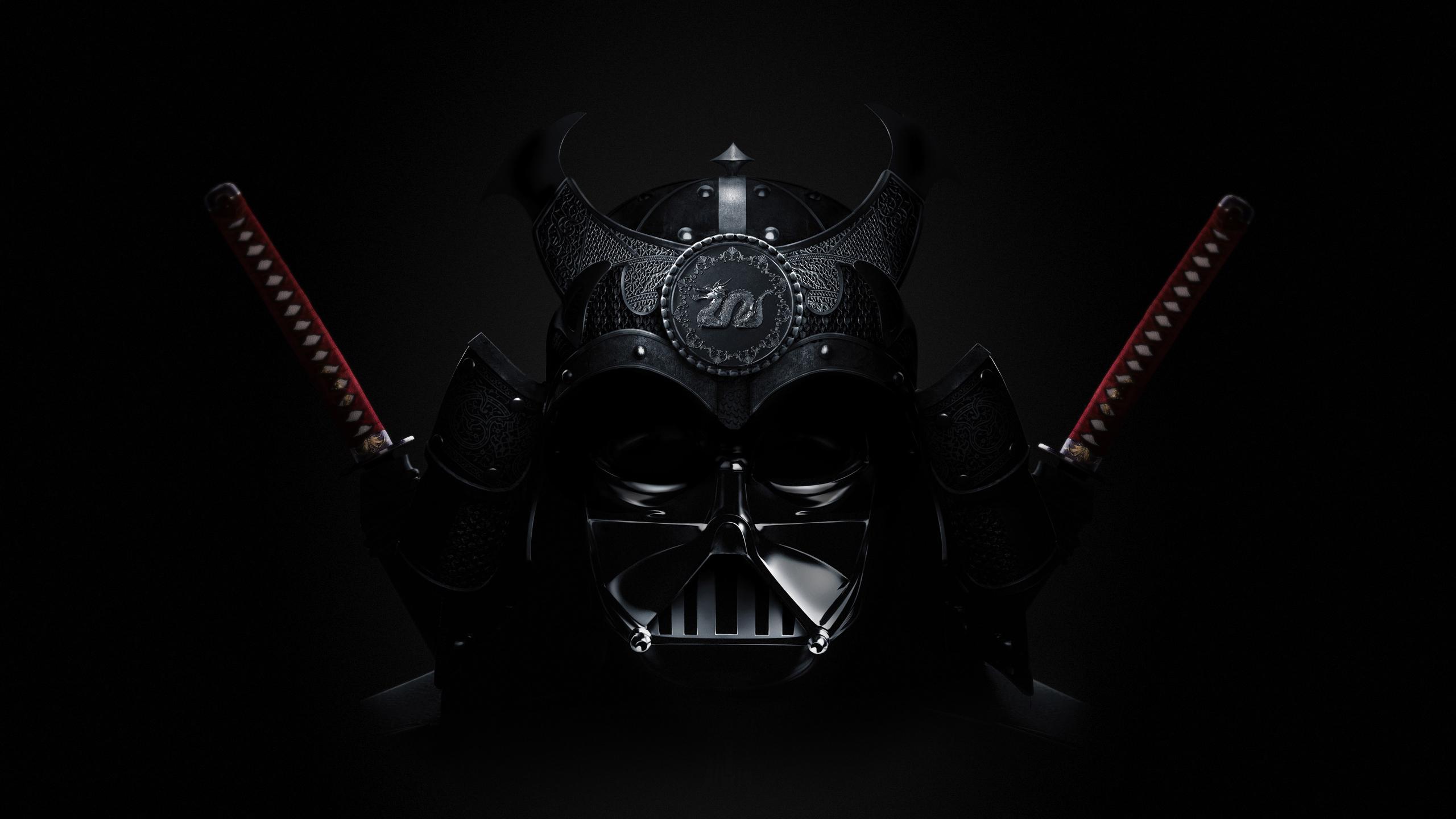 Darth Vader with two red samurai swords on a black background - Darth Vader