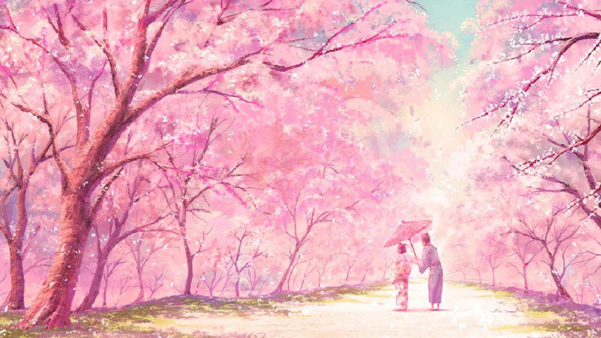 The couple in a pink cherry blossom forest - Pink, spring, pink anime, kawaii