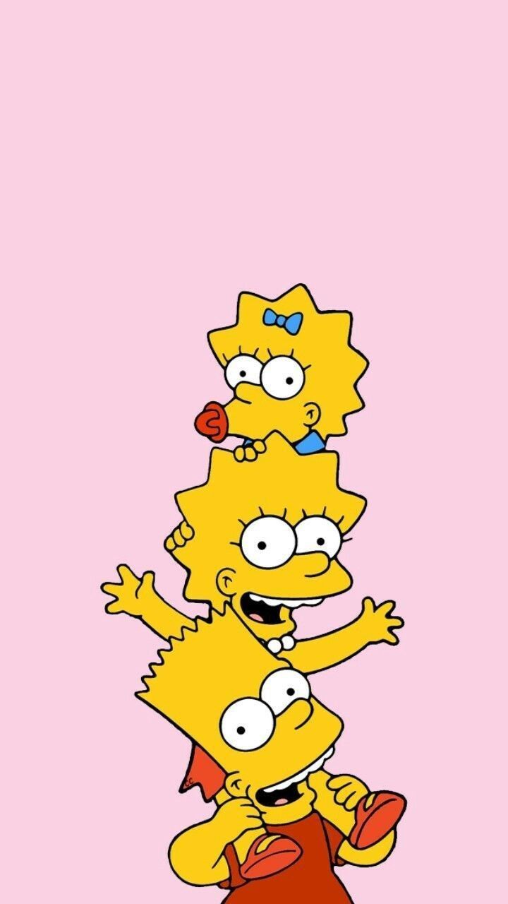 Lisa, Maggie and Bart from the Simpsons, pink background, cartoon wallpaper - The Simpsons