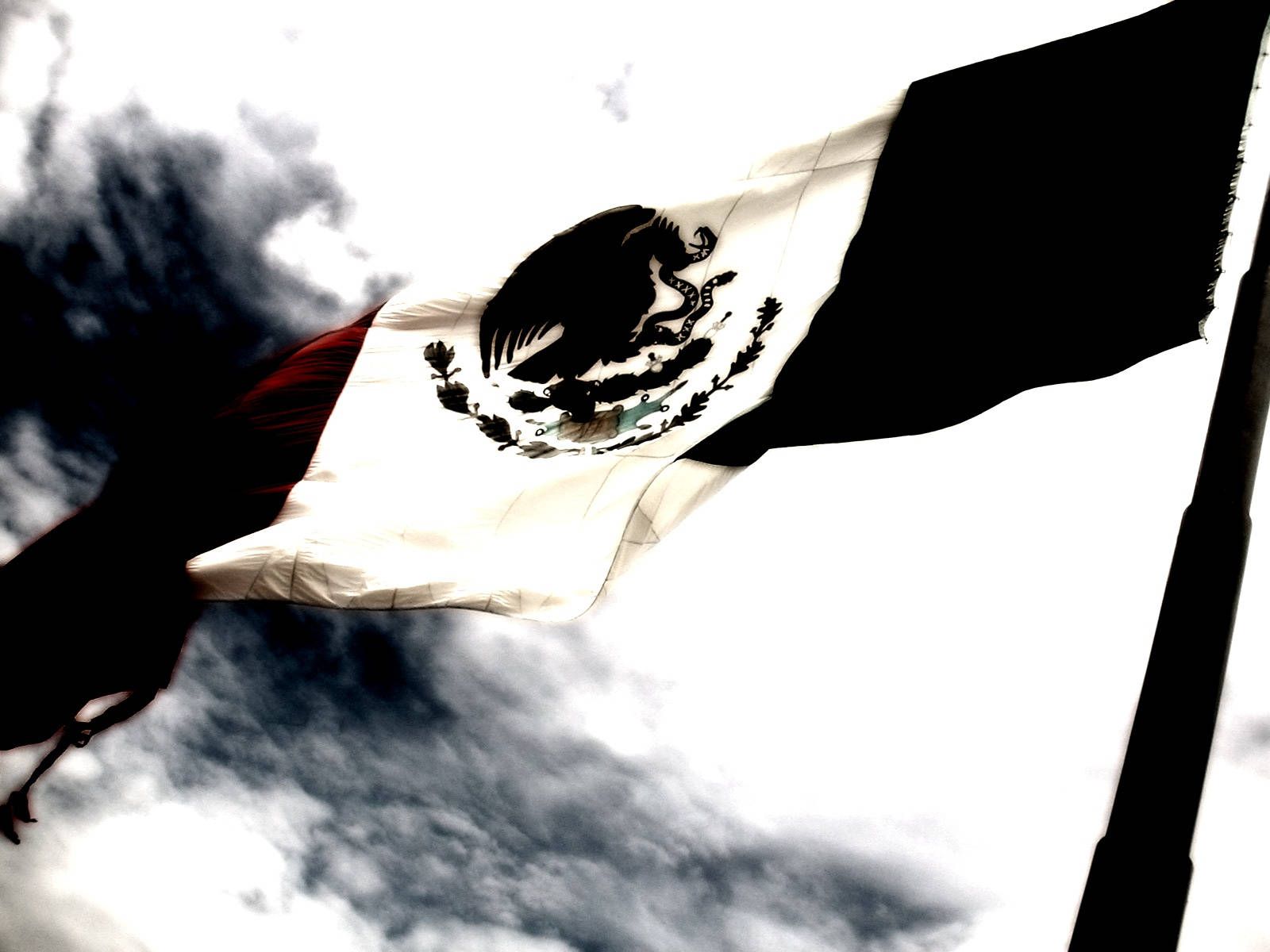 A Mexican flag waves in the wind against a cloudy sky. - Mexico