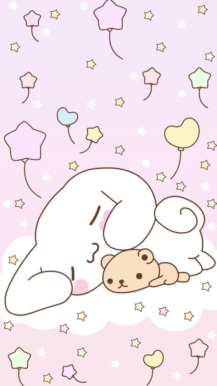 Cinnamoroll sleeping on a cloud, kawaii wallpaper, pink background, stars and balloons - Cinnamoroll