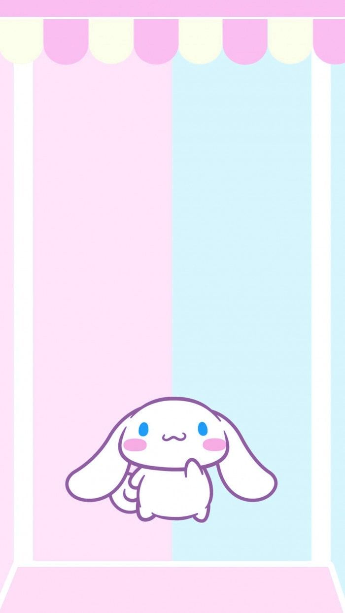 A cute bunny with blue eyes and pink cheeks on a blue and pink background - Cinnamoroll