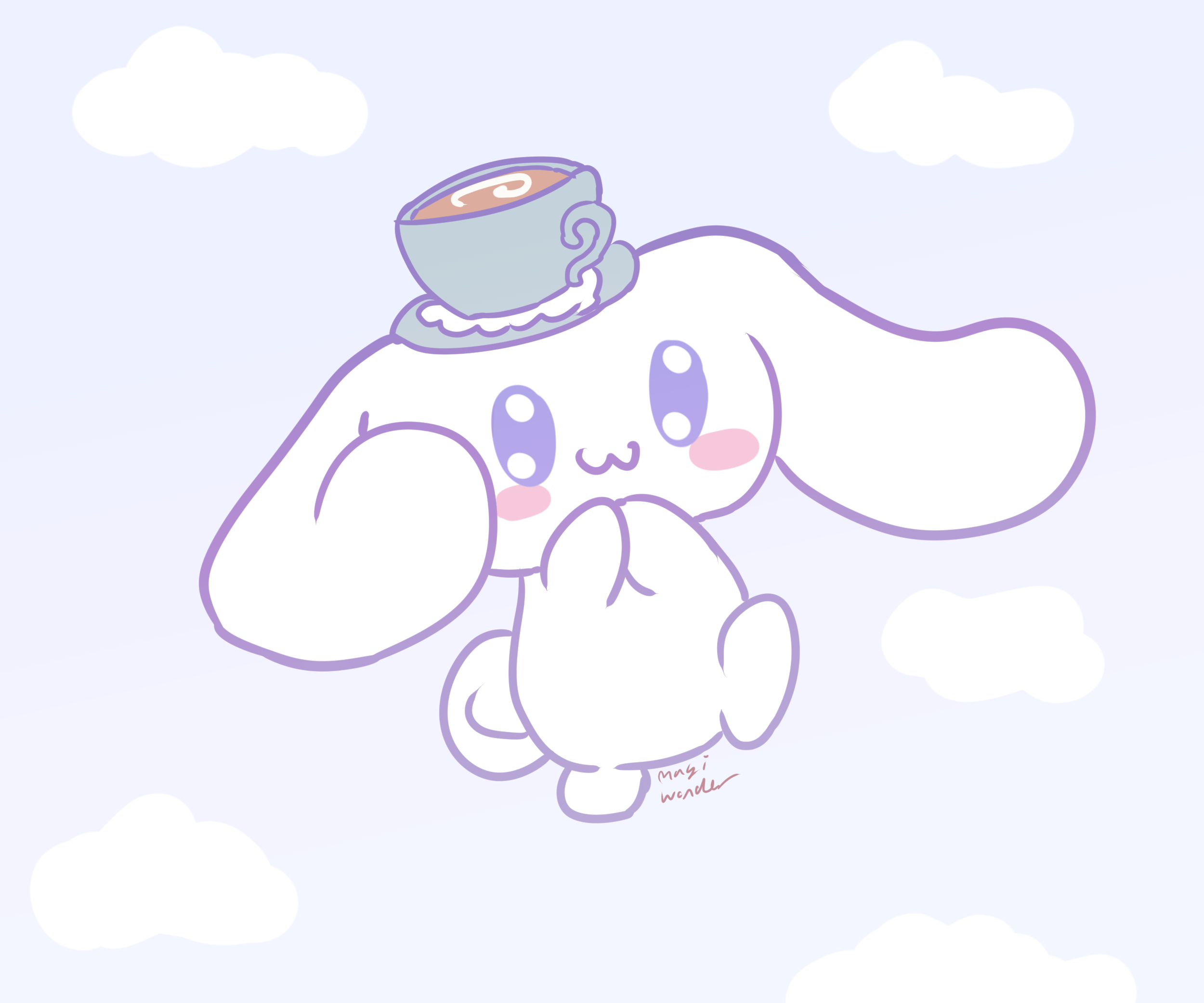 A kawaii bunny with a cup of coffee on its head - Cinnamoroll