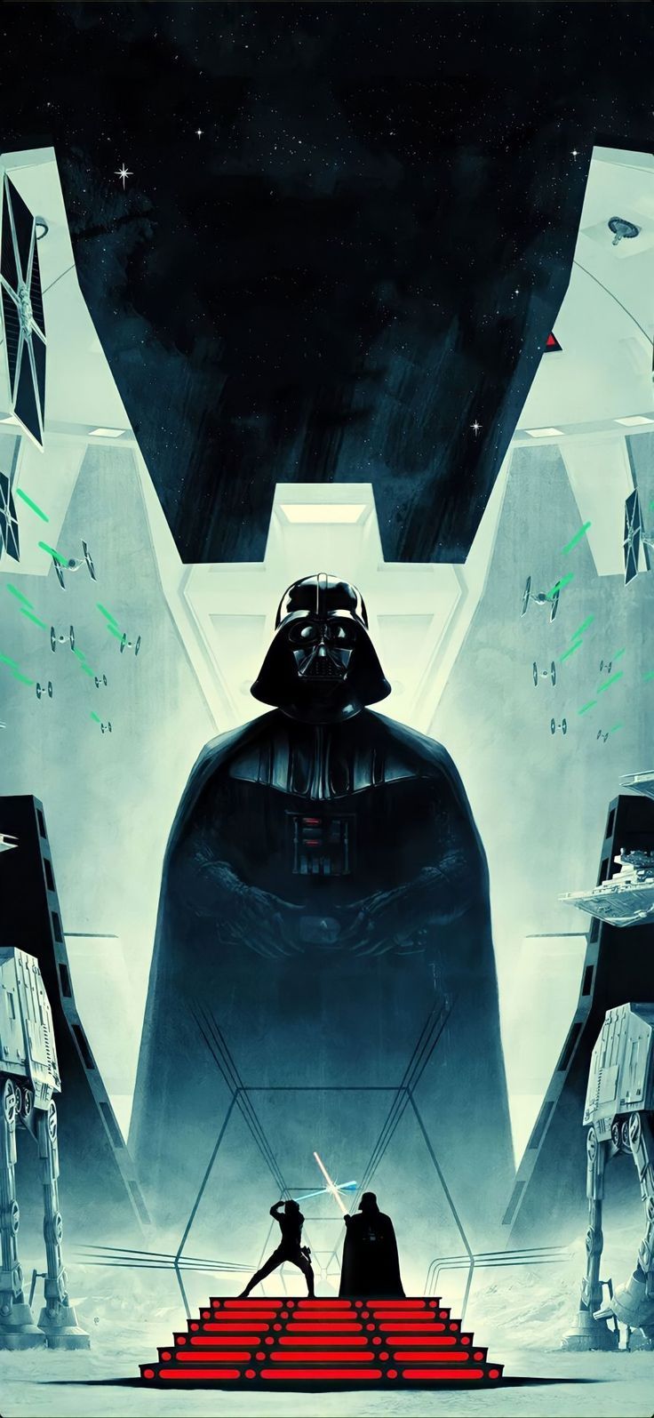 Darth Vader and Luke Skywalker face off in front of a massive structure in this Star Wars poster. - Darth Vader