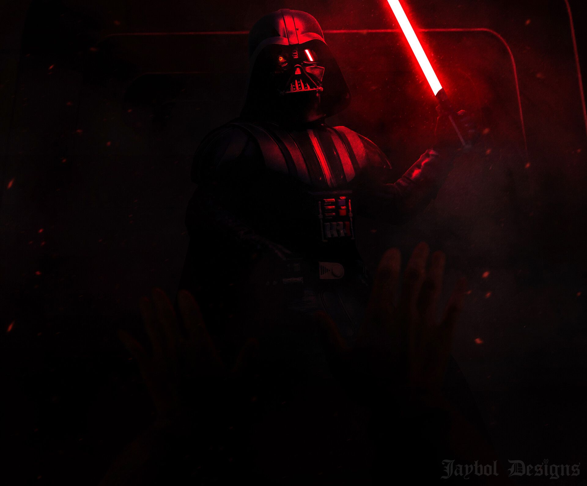 Darth Vader with a red lightsaber in a dark room - Darth Vader