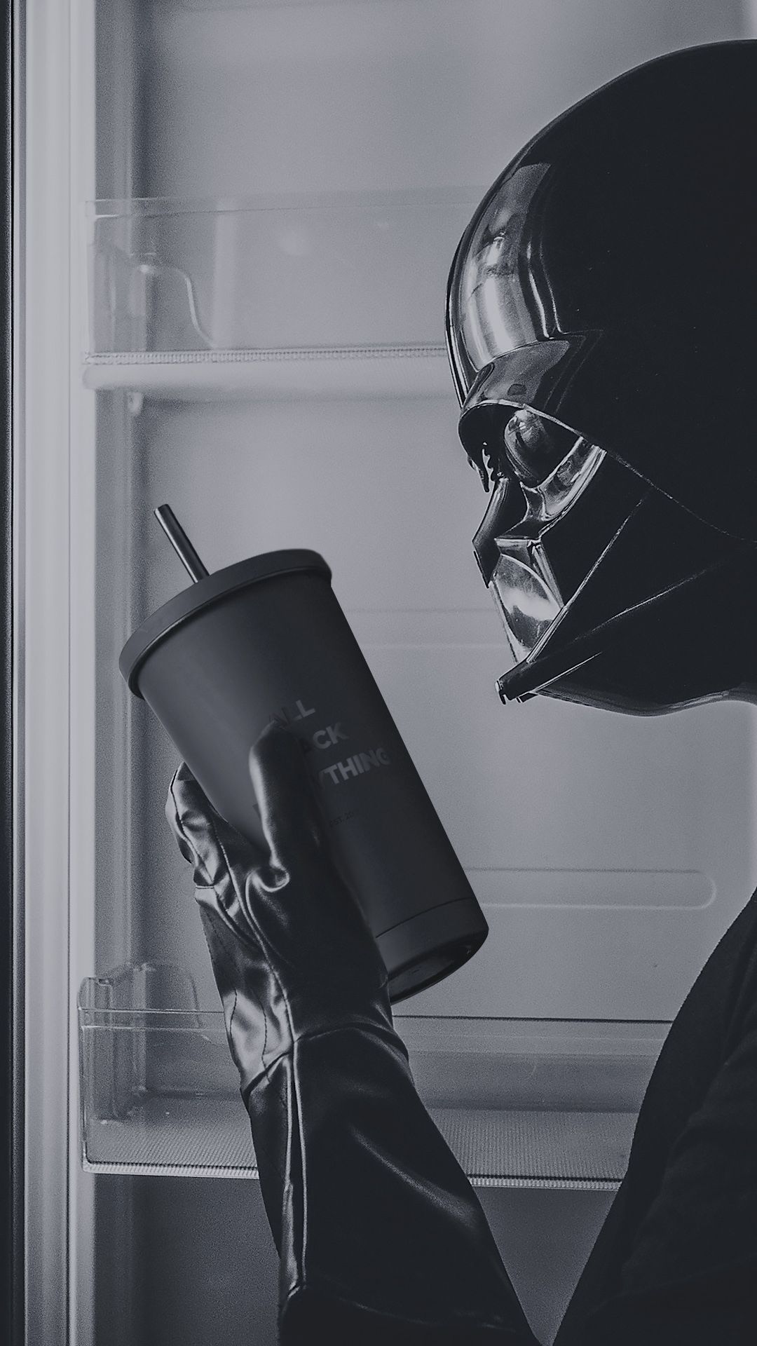 Darth Vader drinking a cold drink from a fridge - Darth Vader