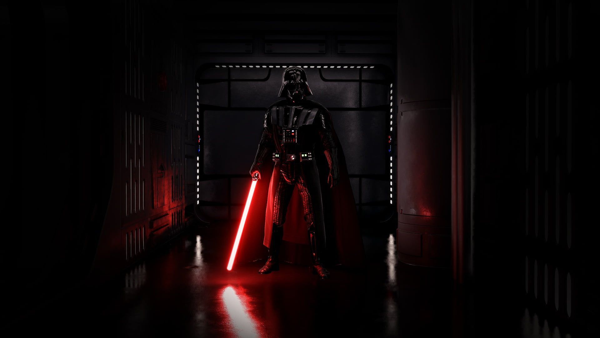 Darth Vader standing in a dark hallway with a red lightsaber - Darth Vader