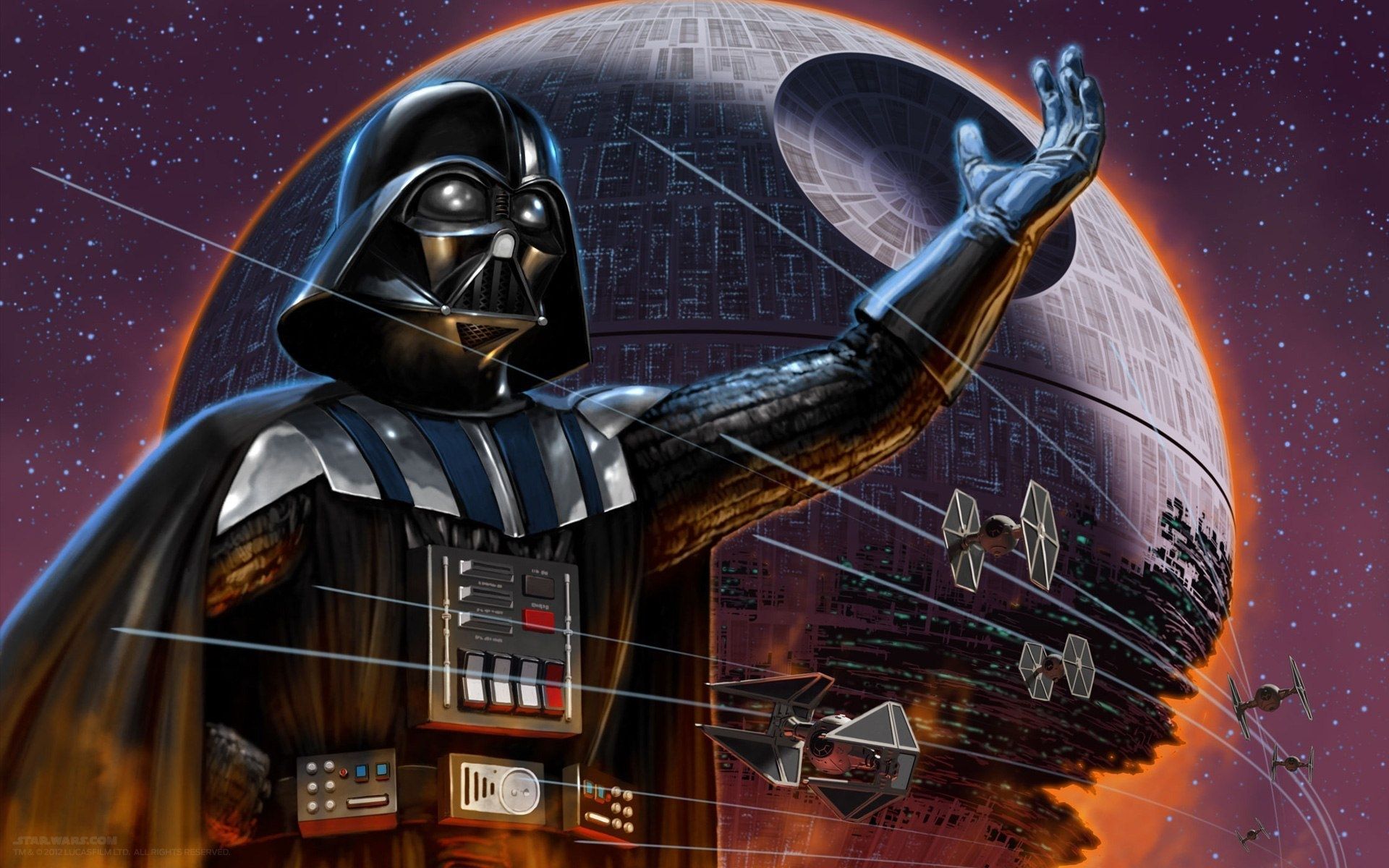 Darth Vader with his hand up in front of the Death Star. - Darth Vader