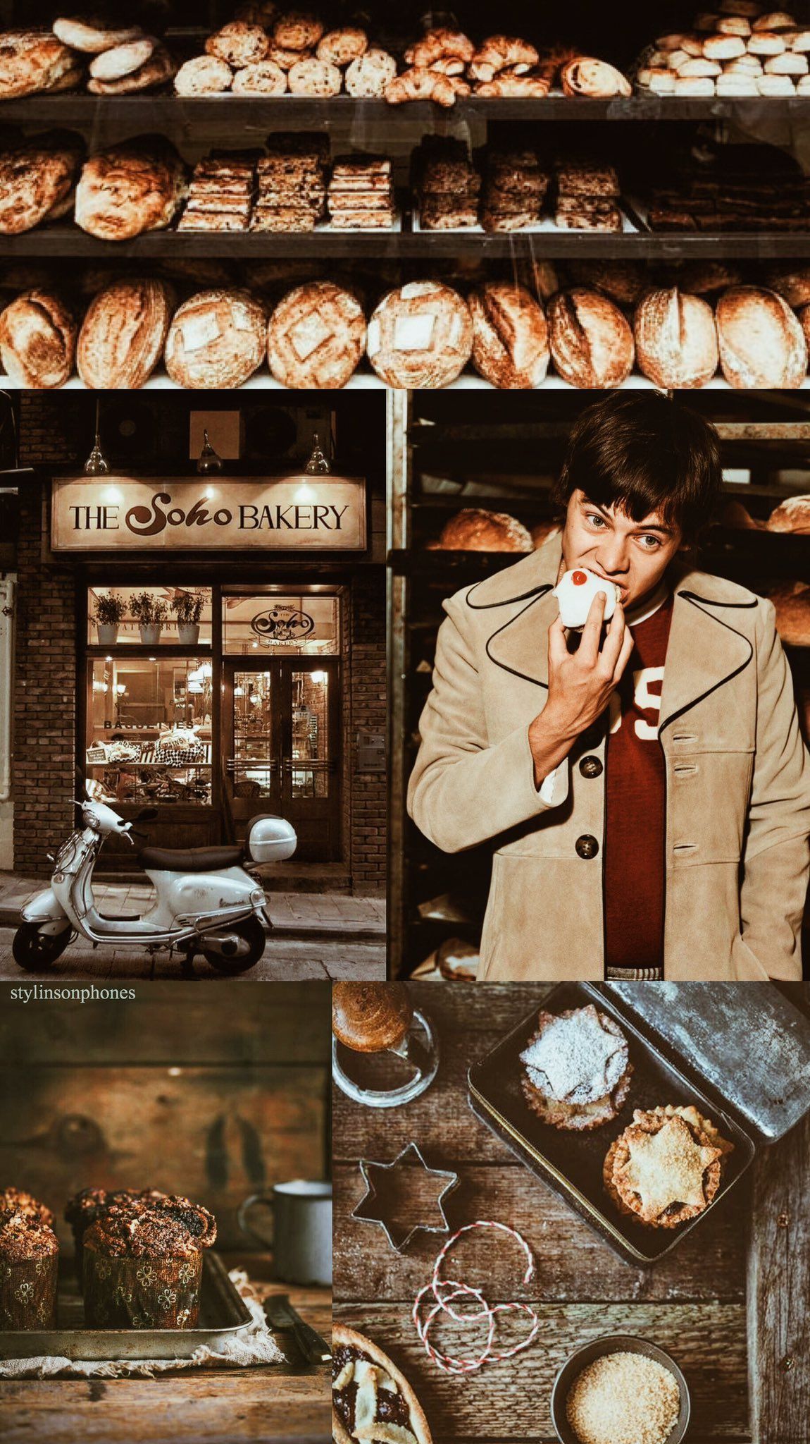 Collage of pictures from the movie Roman Holiday, including a bakery, a scooter, and a woman eating a muffin - Bakery