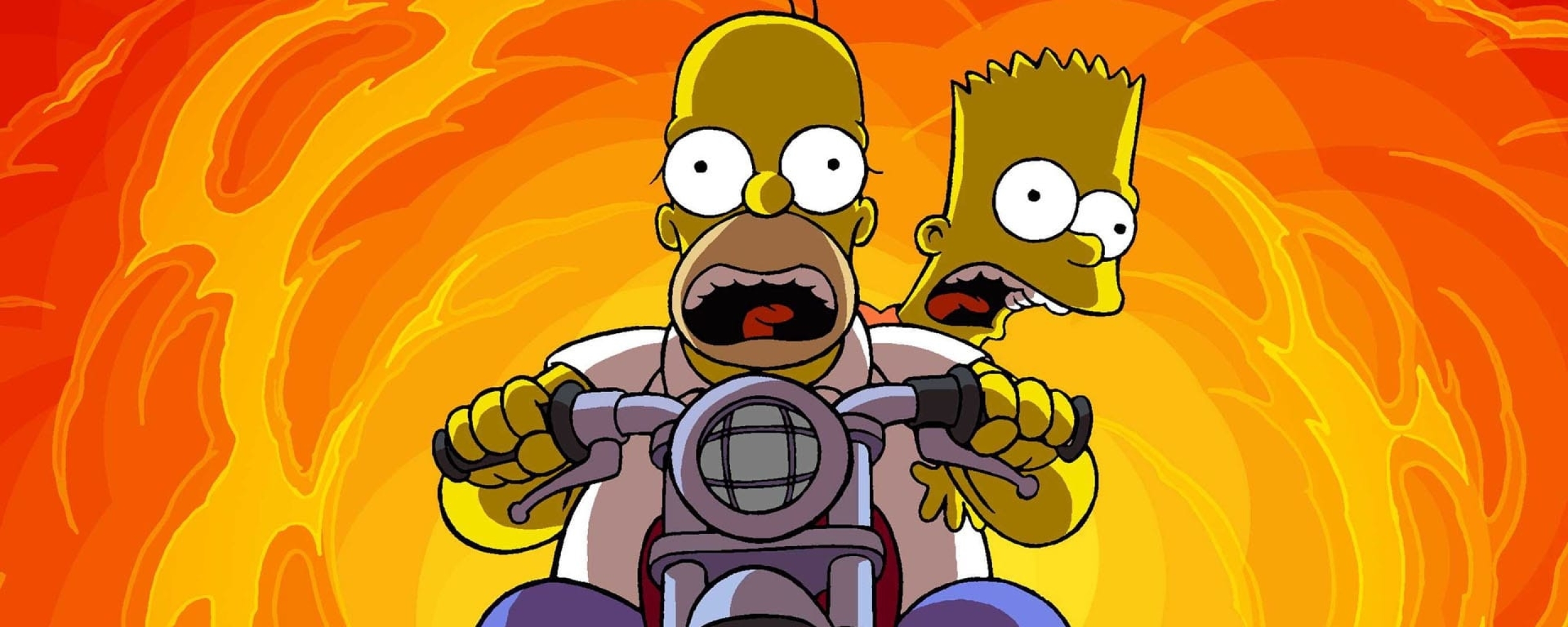 Homer and Bart Simpson ride a motorcycle through a fiery background - The Simpsons