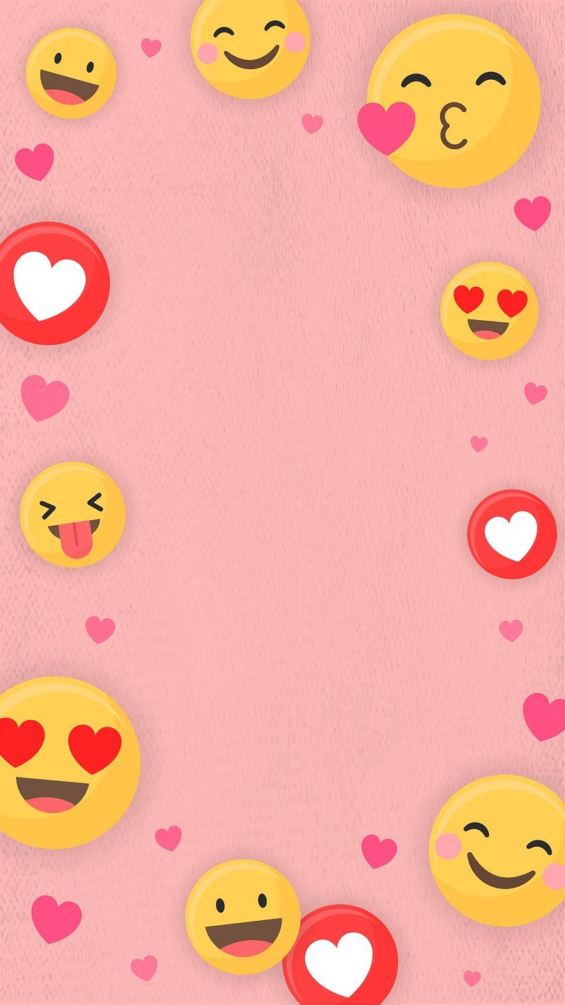 A pink background with different emoji faces and hearts around the edges. - Pink heart, Emoji