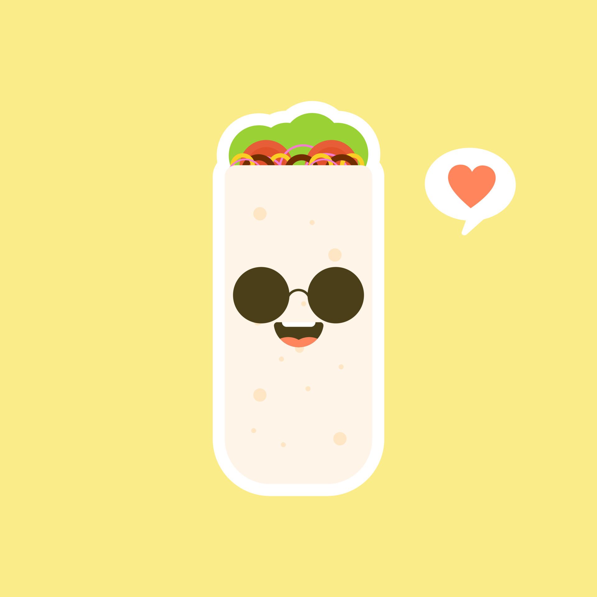 Cute and kawaii funny smiling happy burrito. Mexican food flat design vector illustration. Traditional Mexican meal, fast food. Bright and positive clipart, composition