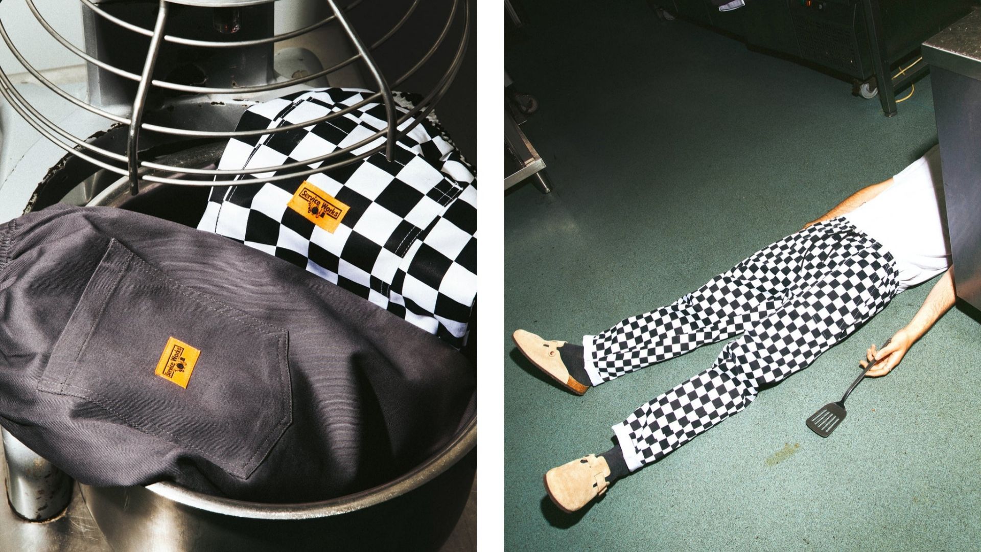 Left: A pair of black and white checkered pants with a yellow tag on the left leg. Right: A person laying on the ground wearing checkered pants and a white shirt. - Chefcore