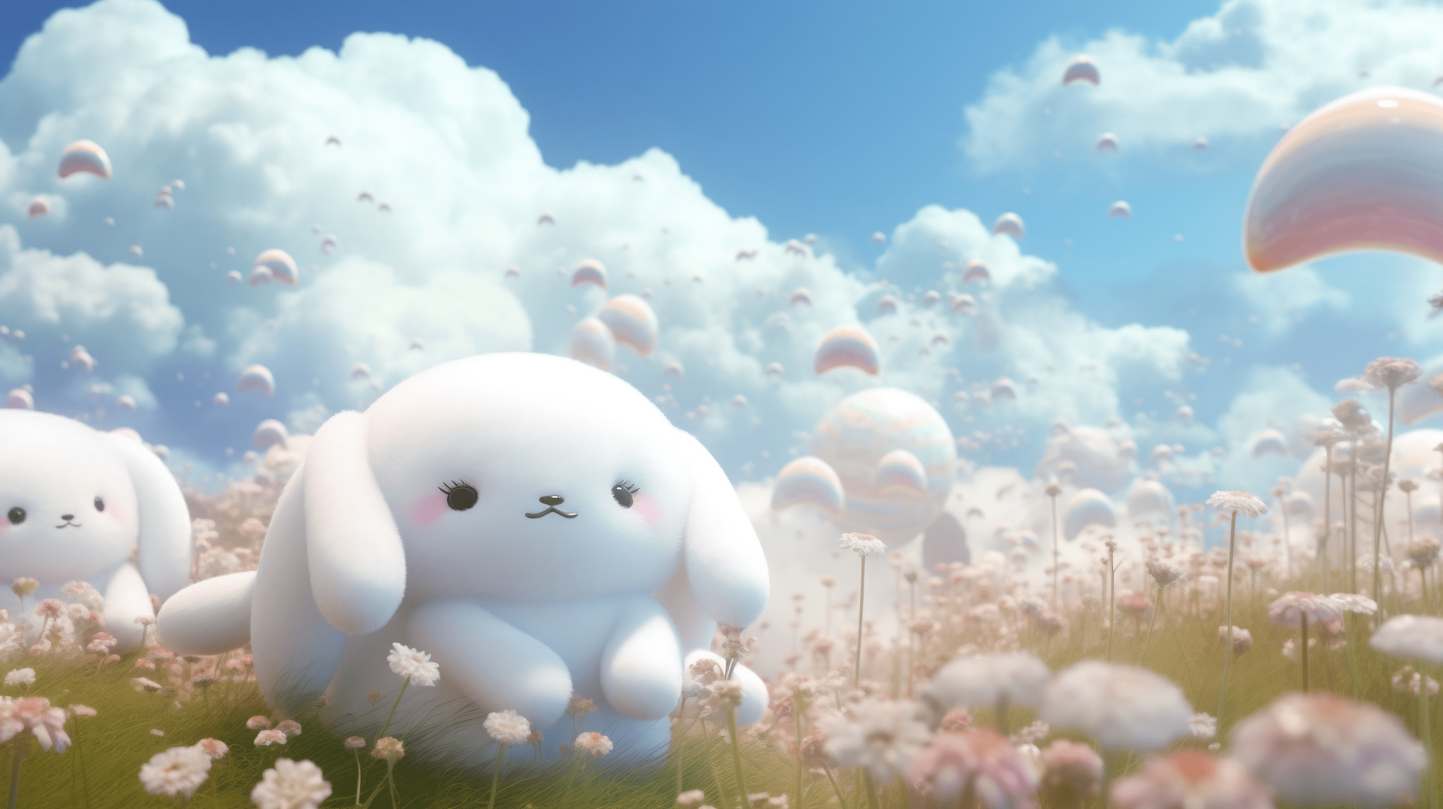 A field of flowers with two cute bunnies - Cinnamoroll