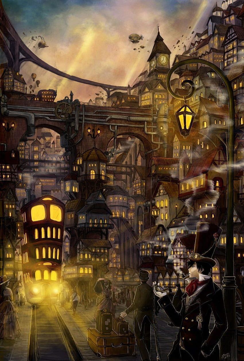 A steampunk city with flying machines and a man in a top hat. - Steampunk