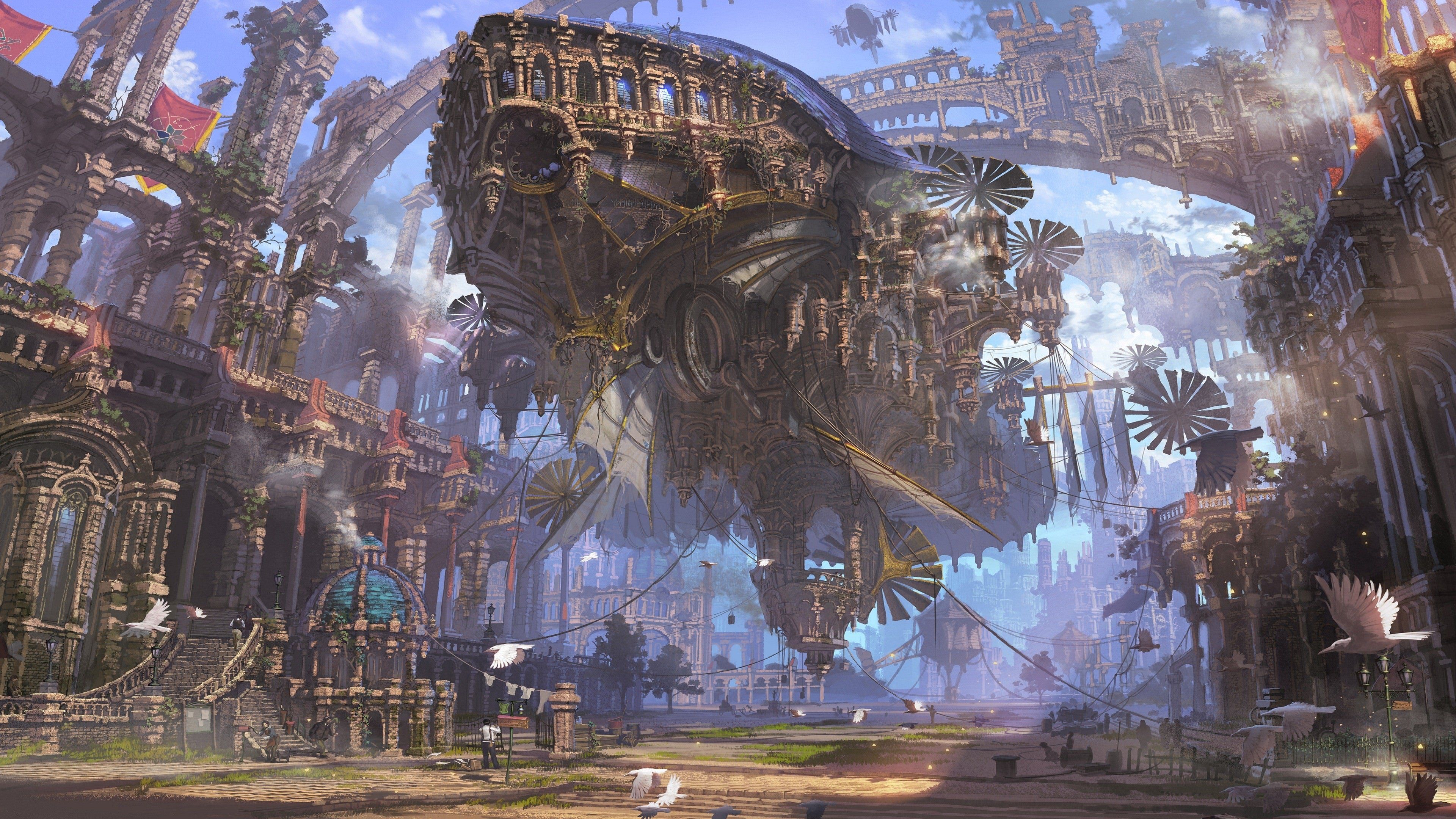 A large, dark airship hovers over a city with a sky background - Steampunk