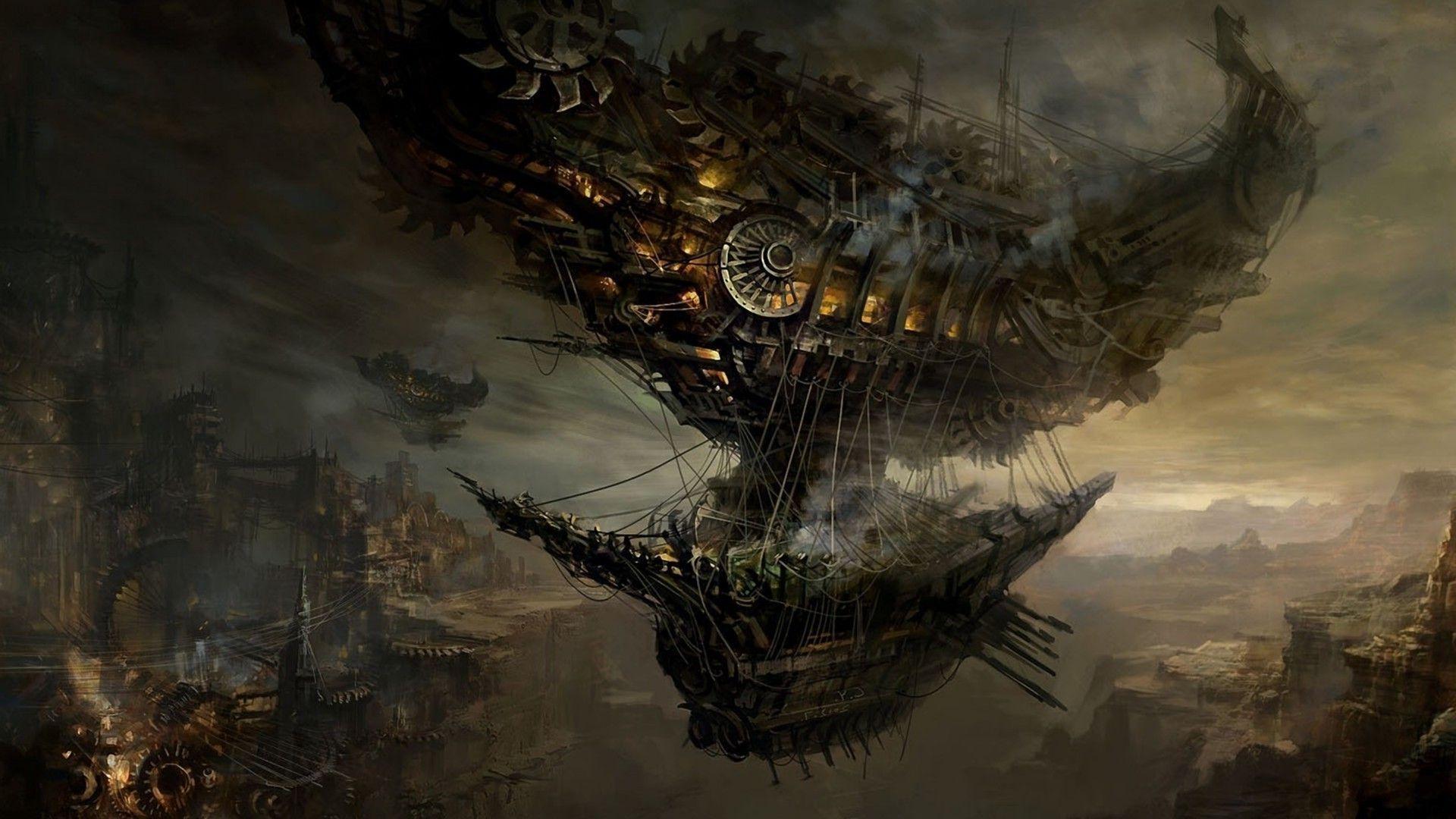 Steampunk wallpaper with a ship flying over a city - Steampunk