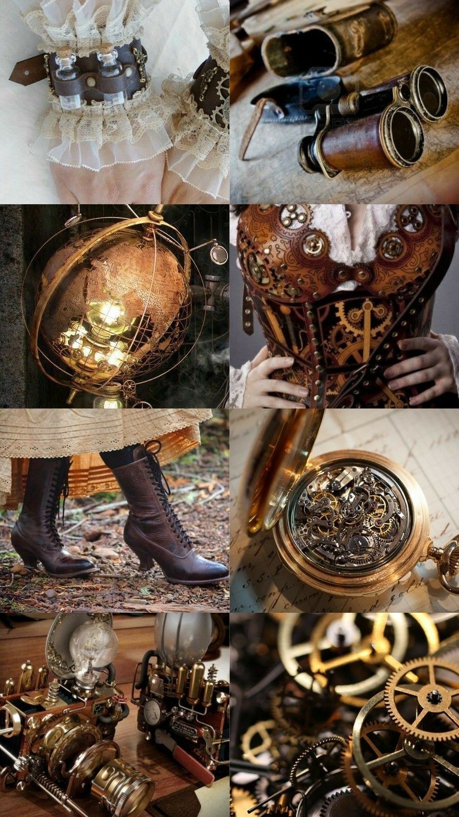 A collage of images of various steam punk elements including a corset, boots, and clocks. - Steampunk