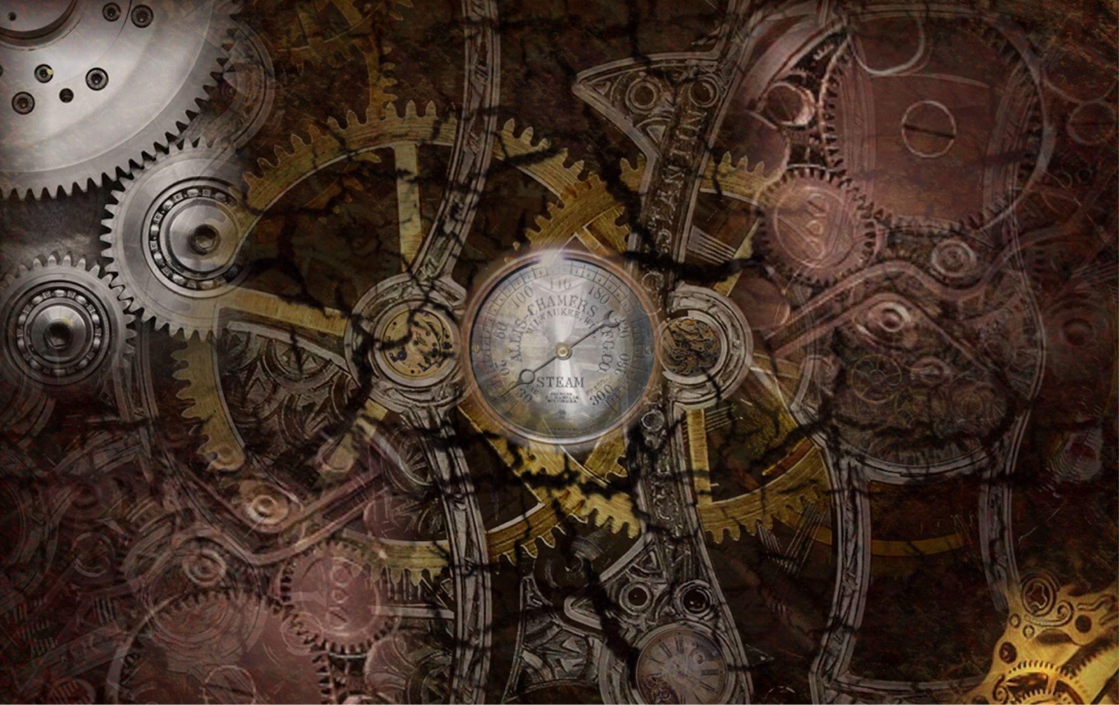 An image of a clock surrounded by gears and cogs - Steampunk