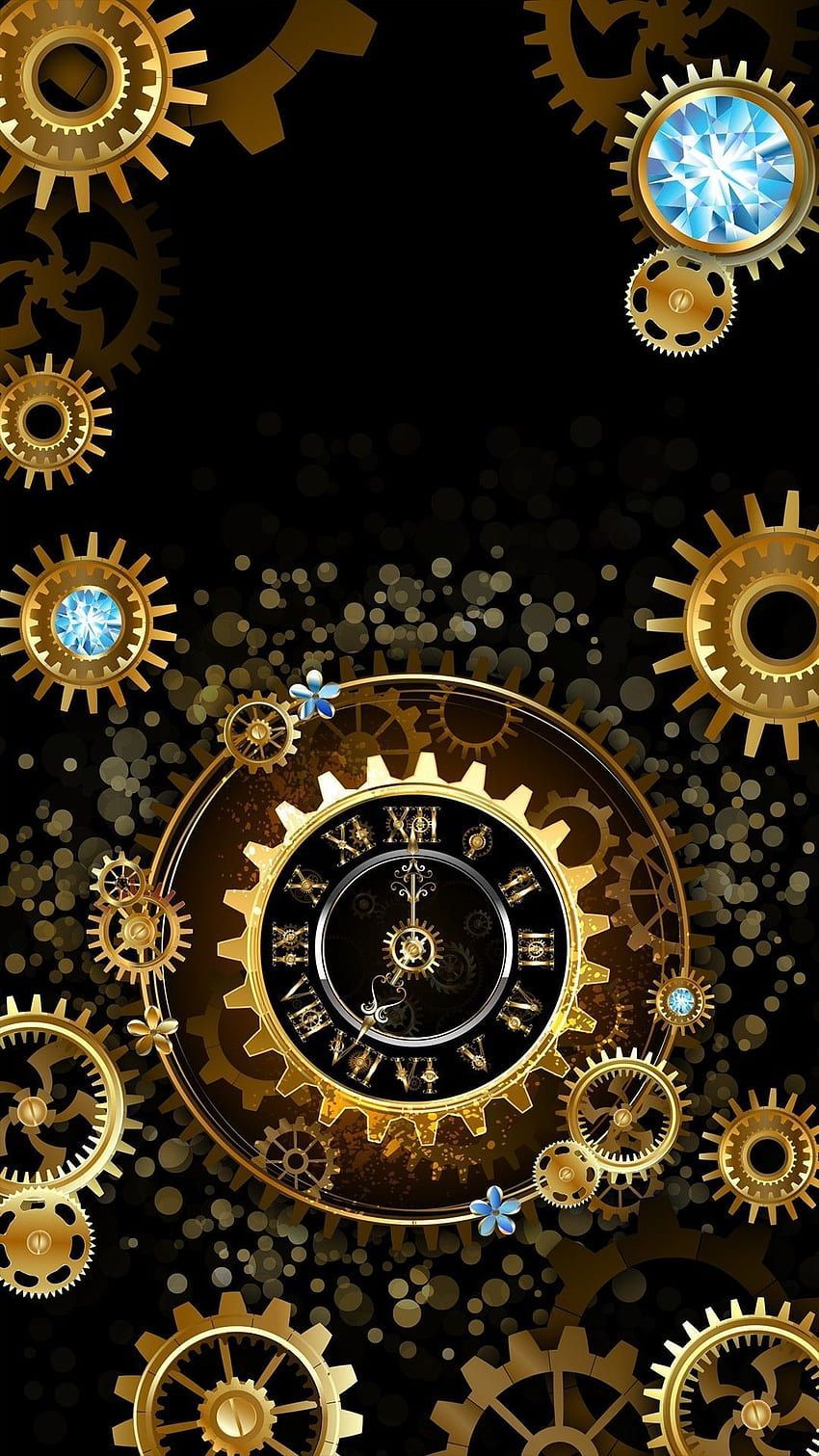 A gold and black clock with gears around it - Steampunk