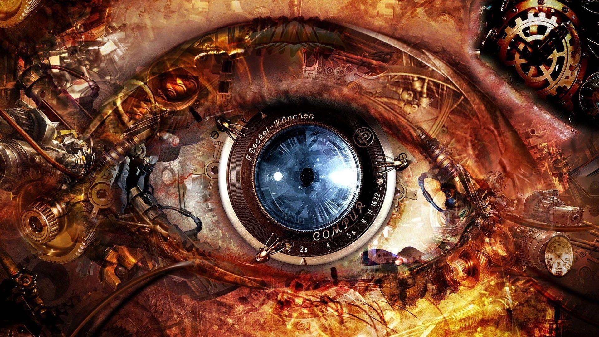 An eye with gears and machinery in the background - Steampunk