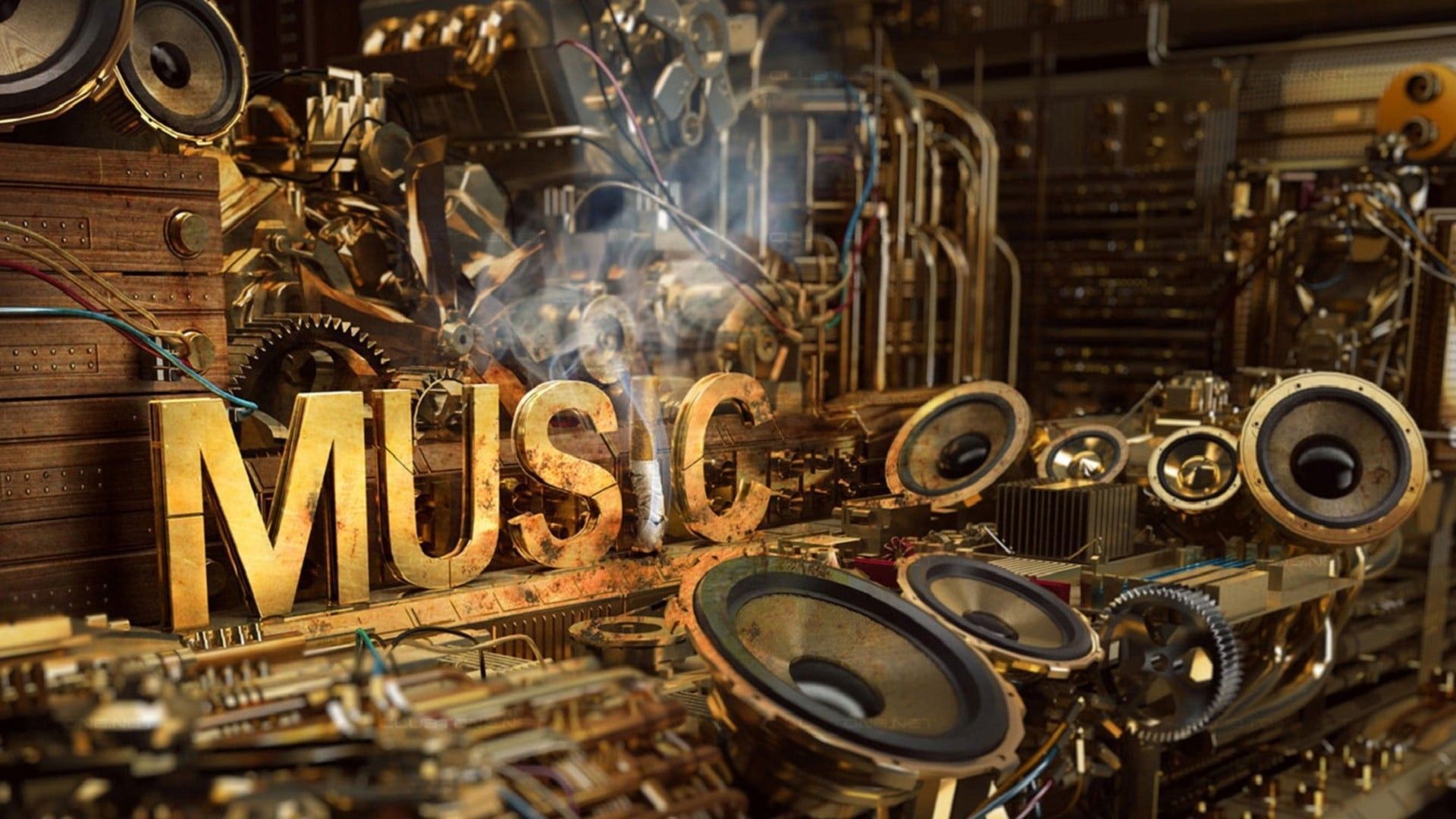 The word music in gold letters surrounded by various music instruments - Steampunk