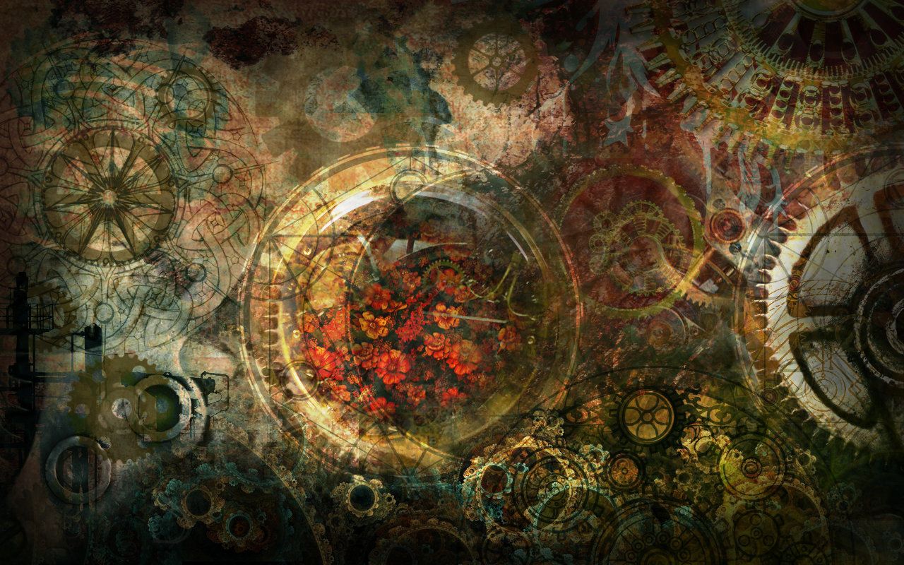 An abstract image of a clock with gears and flowers. - Steampunk
