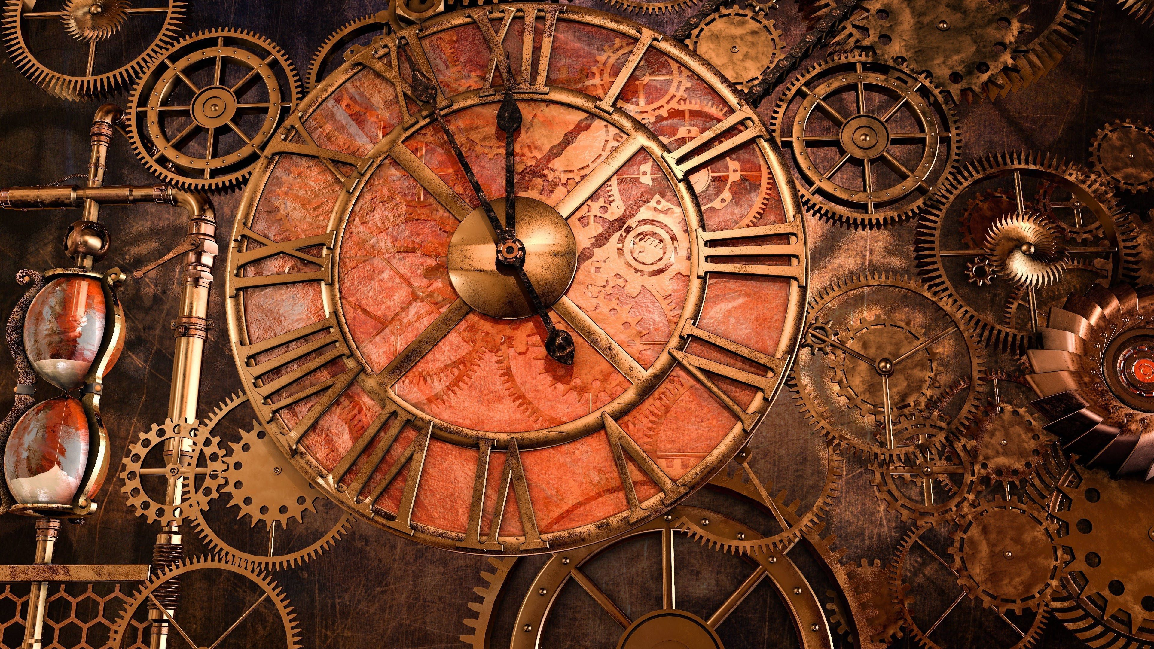 A clock with roman numerals and gears in the background - Steampunk