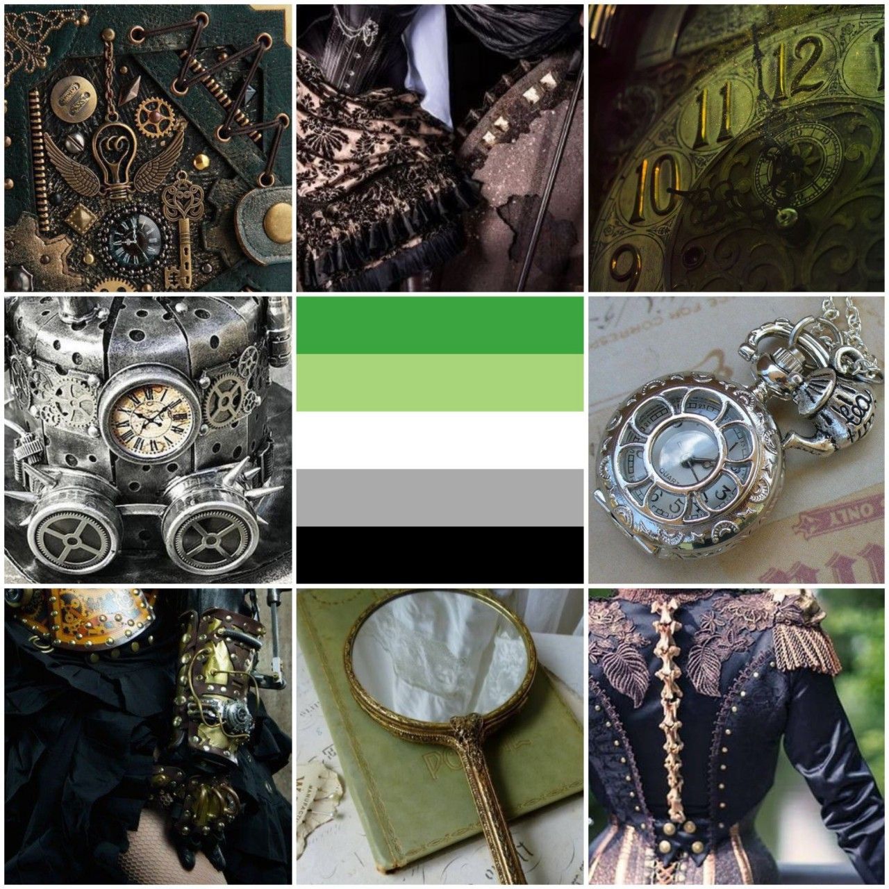 A collage of steampunk images with the agender flag. - Steampunk
