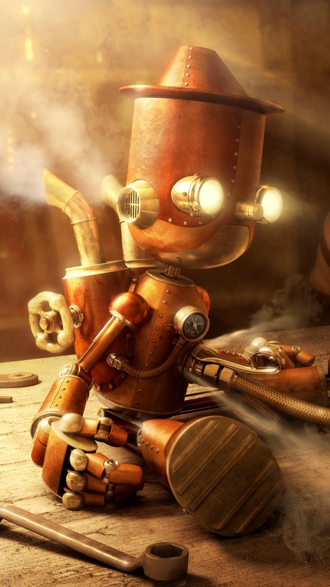1080x1920 wallpaper. Steampunk robot, made of copper and brass, sitting on a workbench - Steampunk